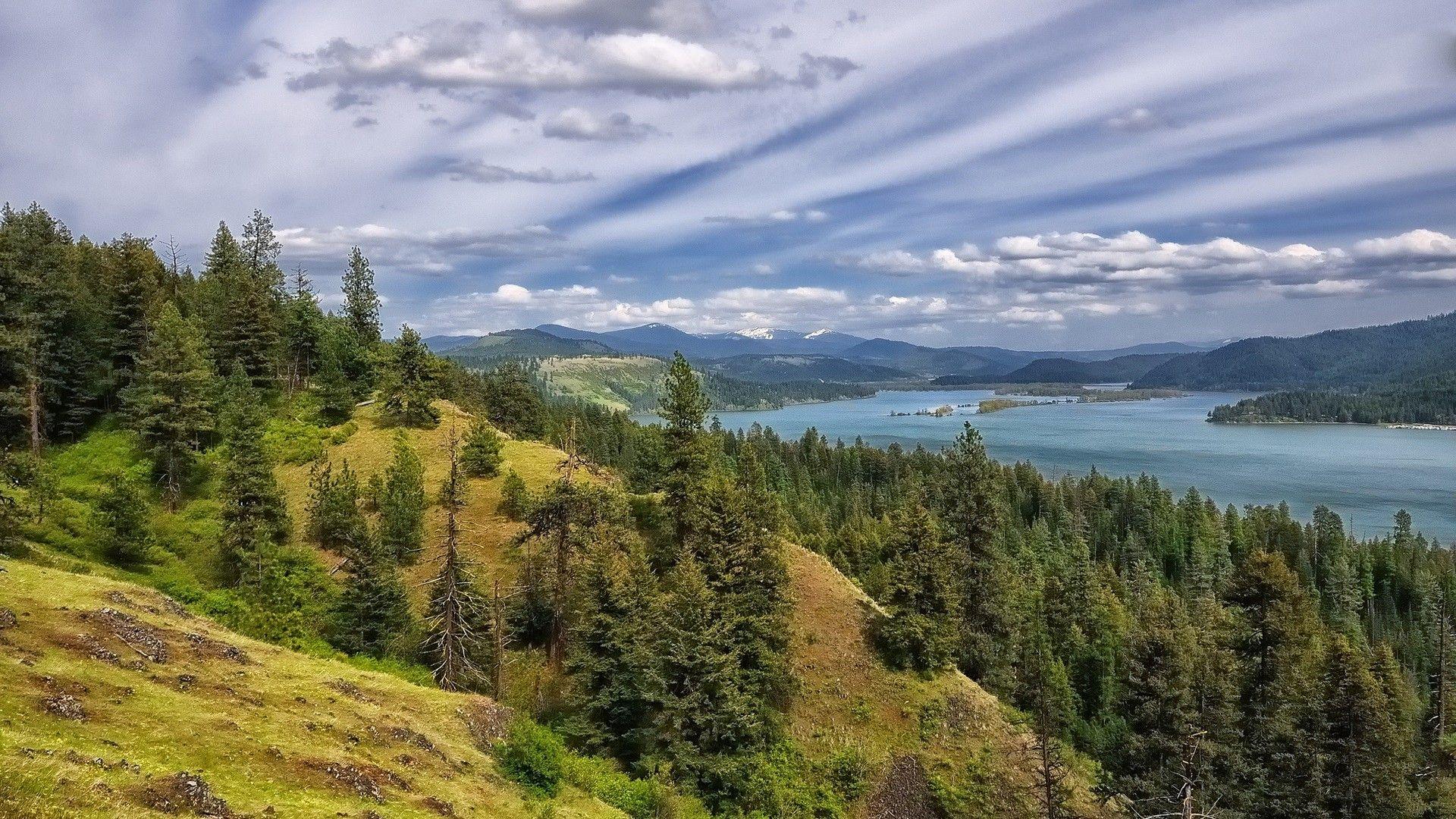 Lakes: Beautiful Lake Coeur Alene Idaho Mountains Forests Clouds