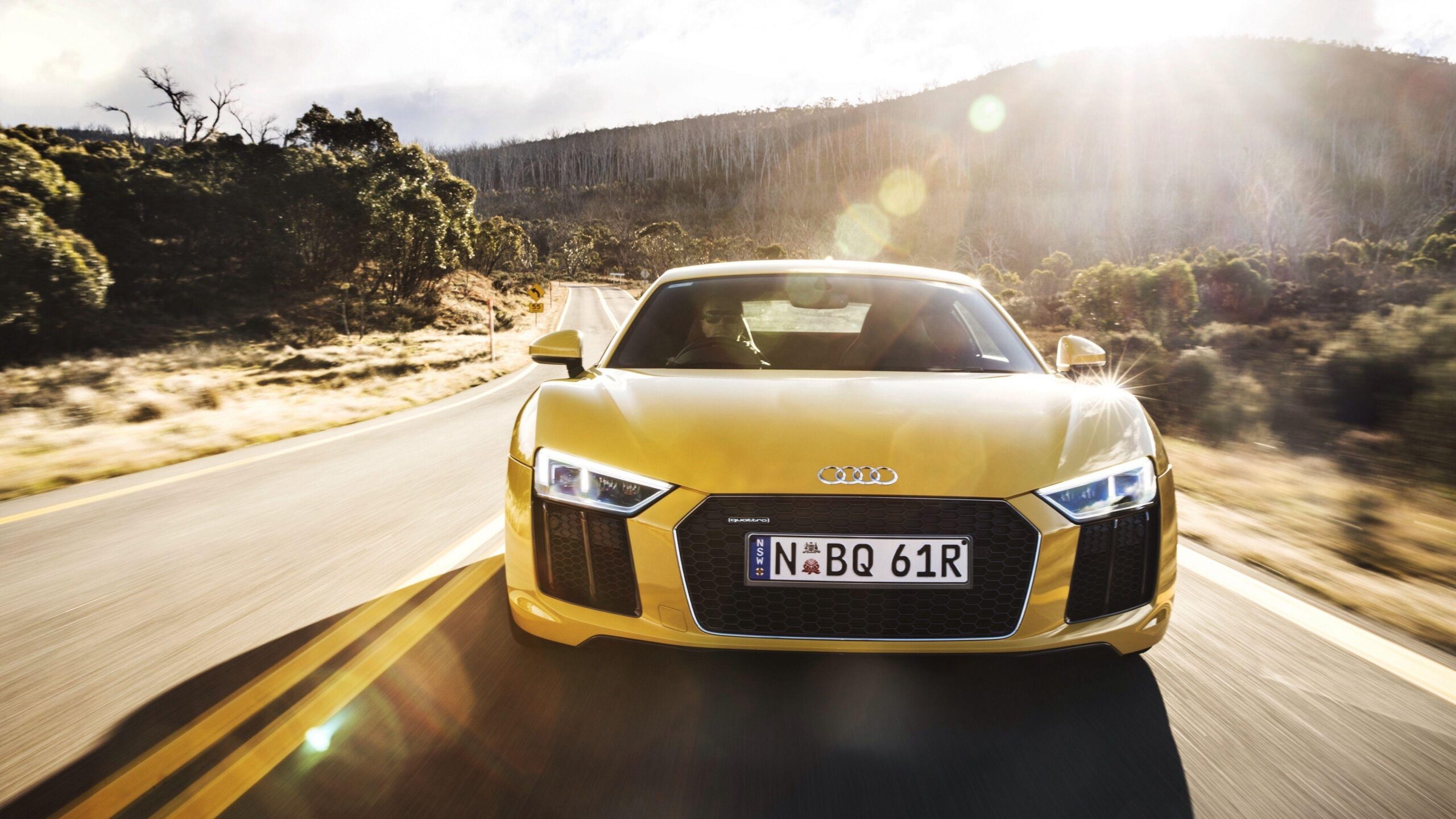 Download wallpapers audi, r8, v10, yellow, front view 4k