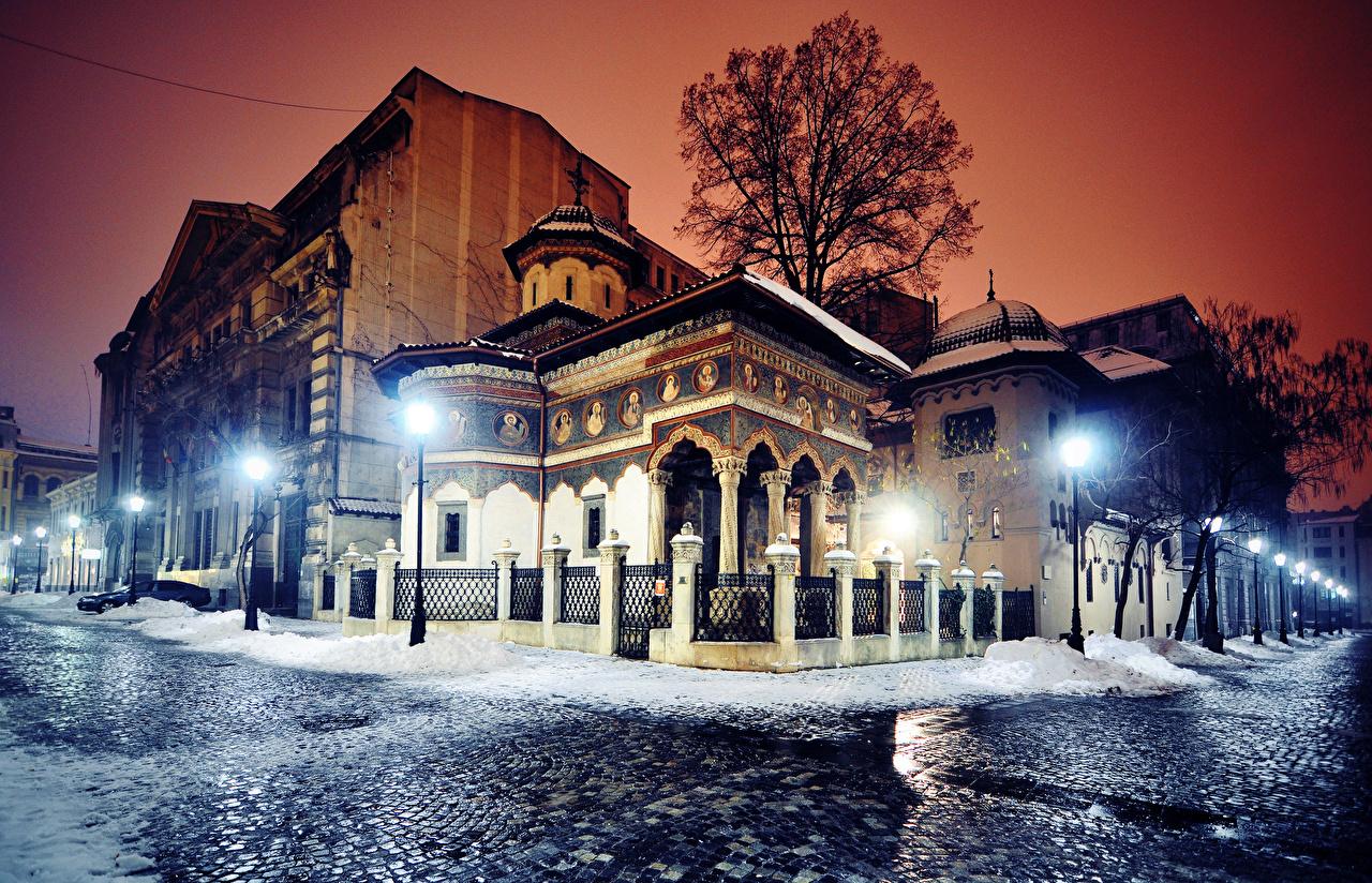 Wallpapers Romania Bucharest Winter Fence Street Night Street lights