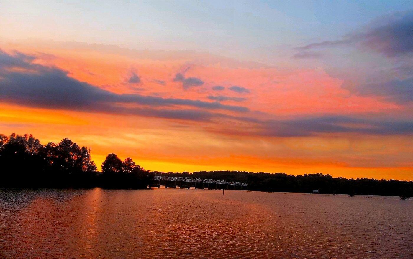 Lakes: Sunset Crossing Lake Waterscape Bridge Pink Caddo Louisiana