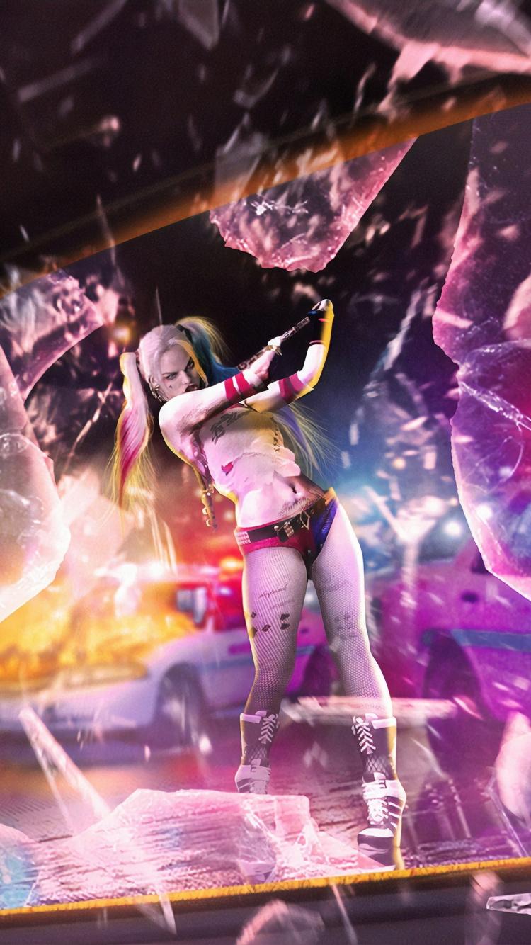 Download wallpapers harley quinn, breaking glasses, birds