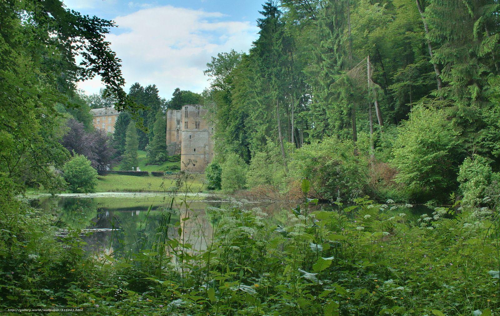 Download wallpapers beaufort castle, luxembourg, grass, pond free