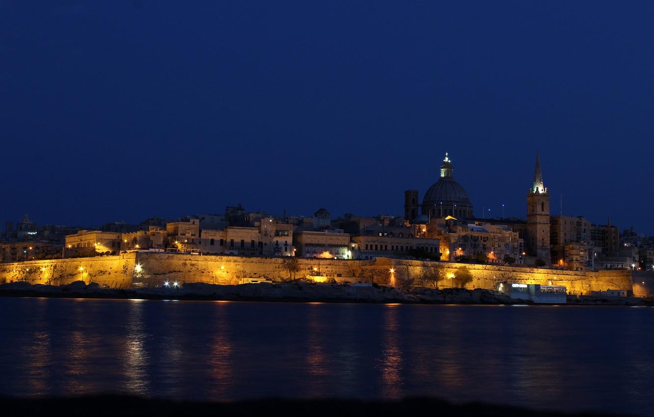 Wallpapers sea, night, lights, coast, island, home, the state, Malta