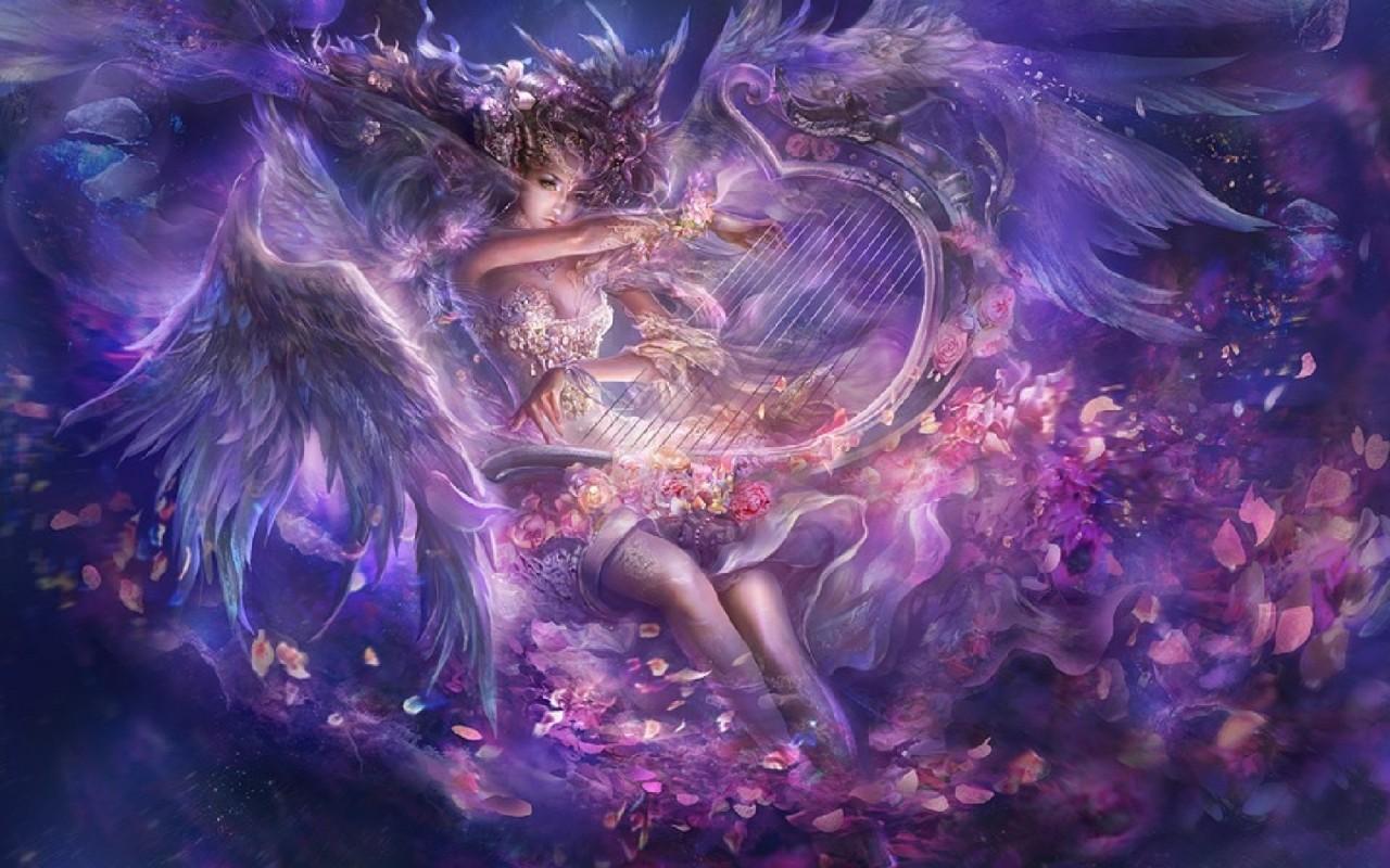 Woman Dress Wings Harp Roses wallpapers