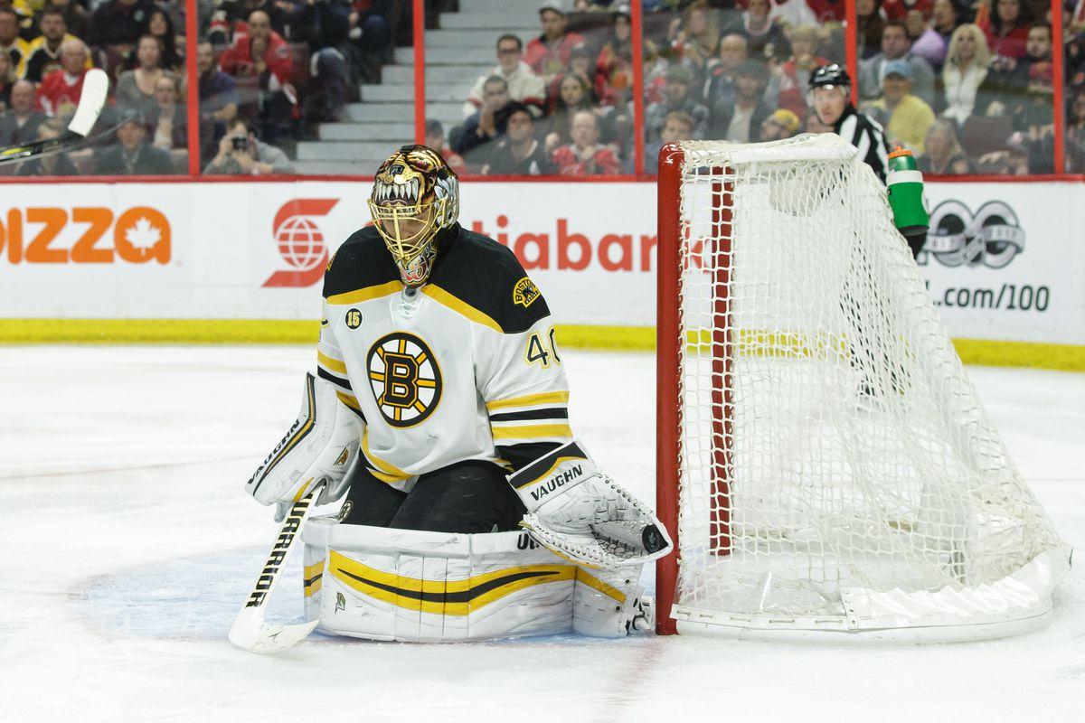 Tuukka Rask kicks a field goal like it’s nothing