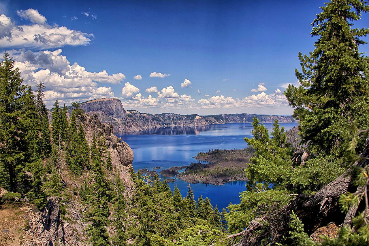 Photo USA Crater Lake National Park Nature Spruce Mountains Sky