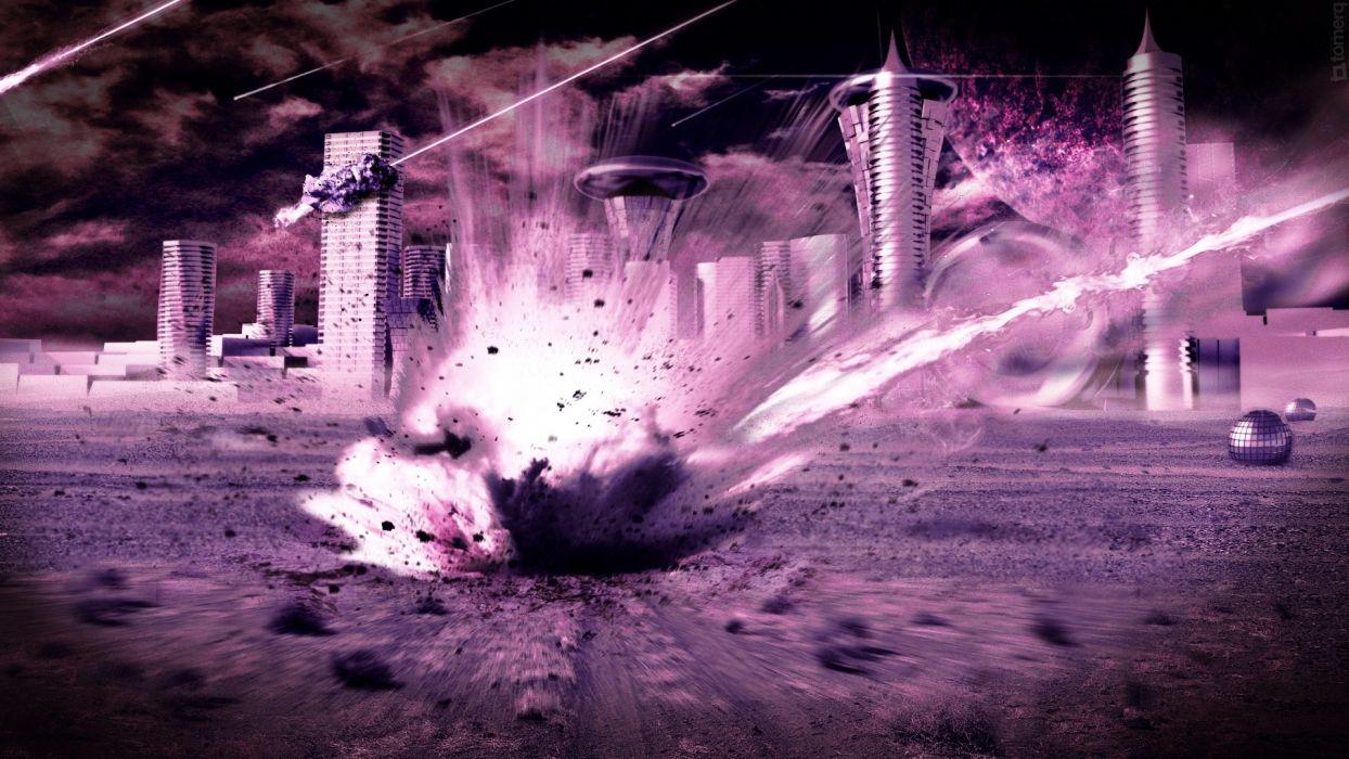 Outer space futuristic explosions purple impact meteorite cities