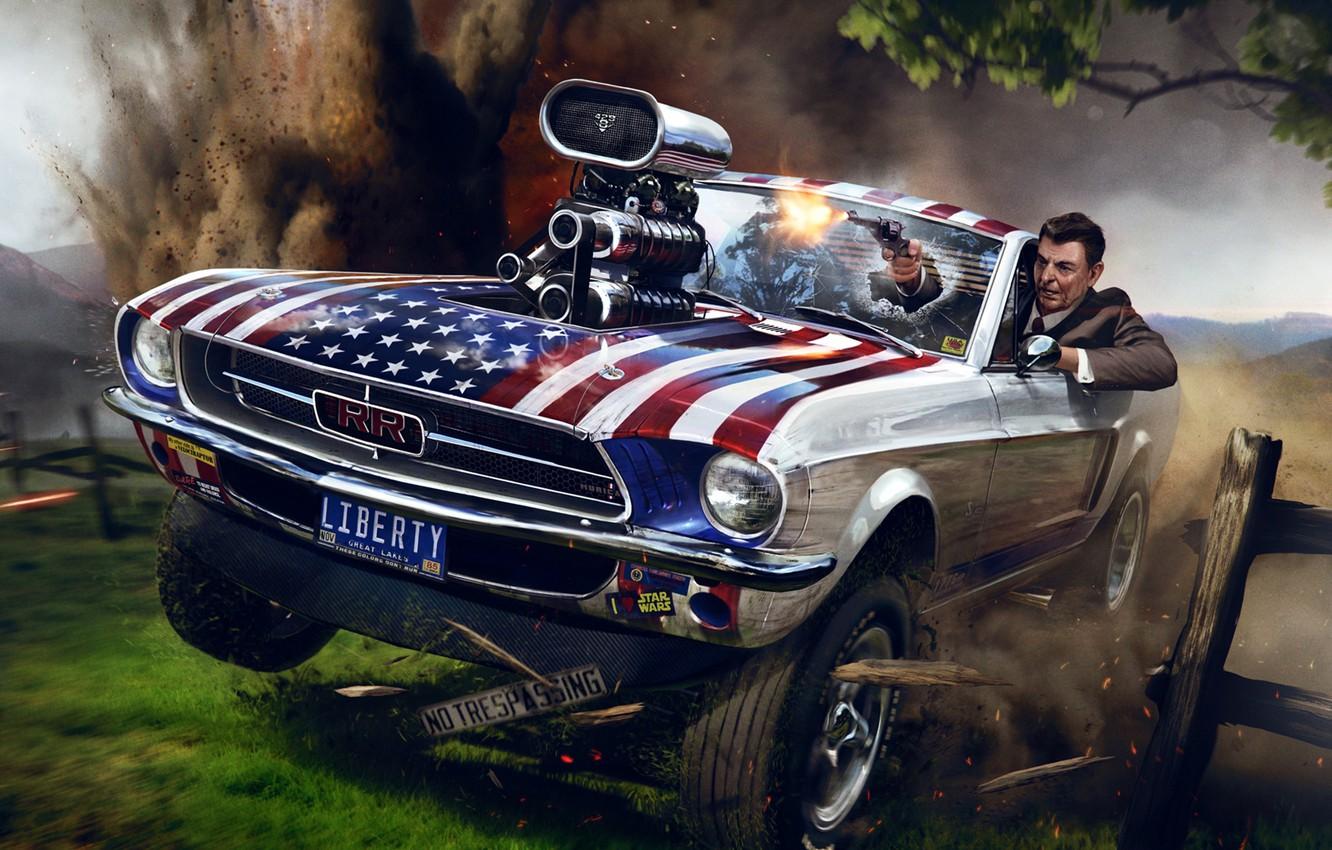 Wallpapers the explosion, gun, Ford Mustang, art, Ronald Reagan