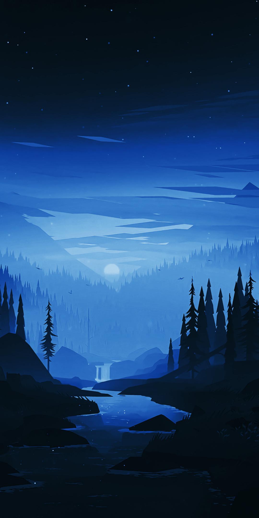 Download wallpapers dark night, river, forest, minimal, art