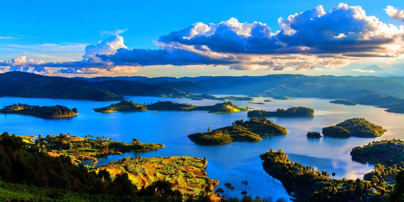 Lake: Mountains Sunrise Clouds Islands Lake Bunyonyi Uganda Fields