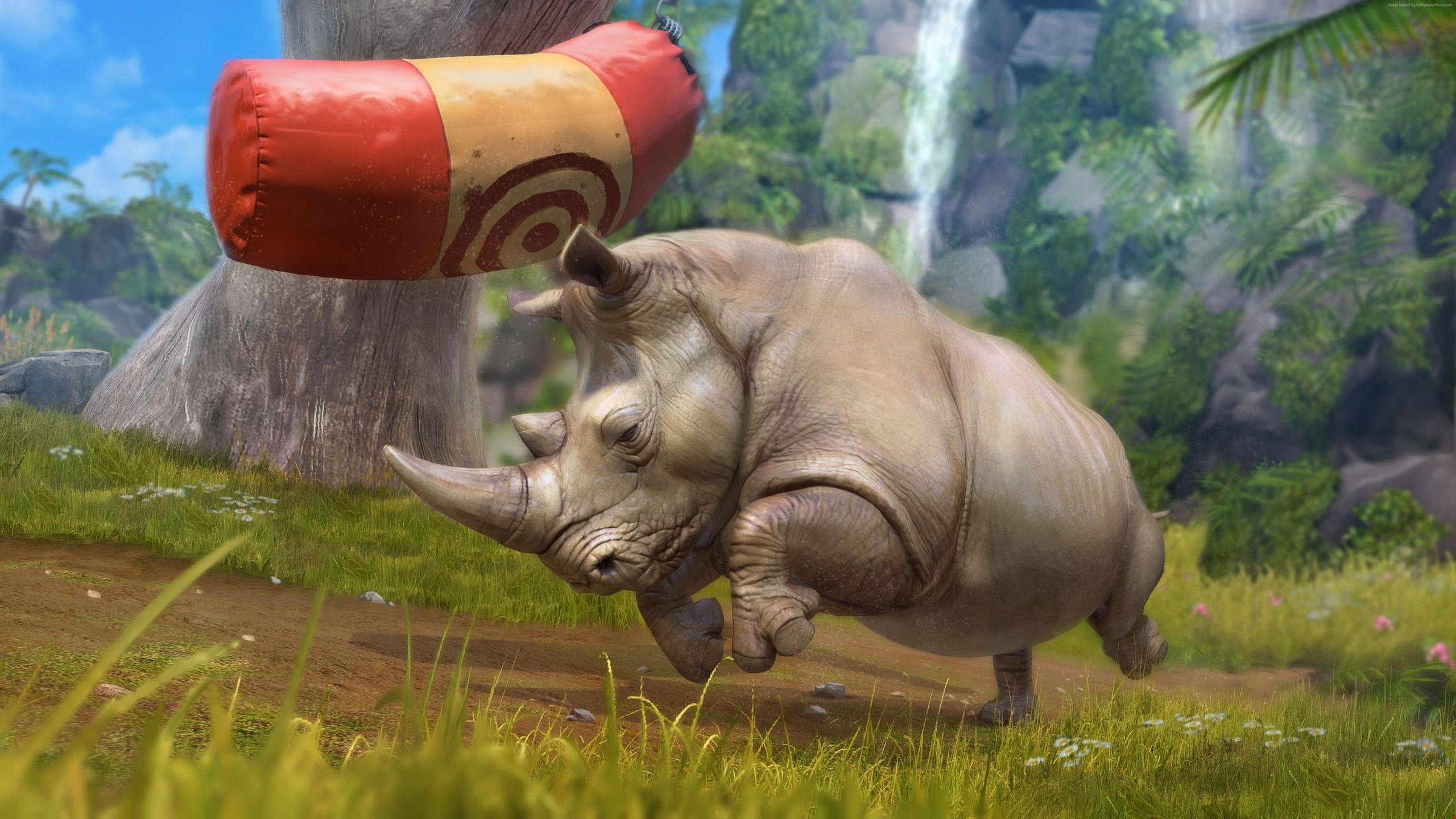 5k Rhino, green grass, nature, waterfall, grey, zoo tycoon, animal