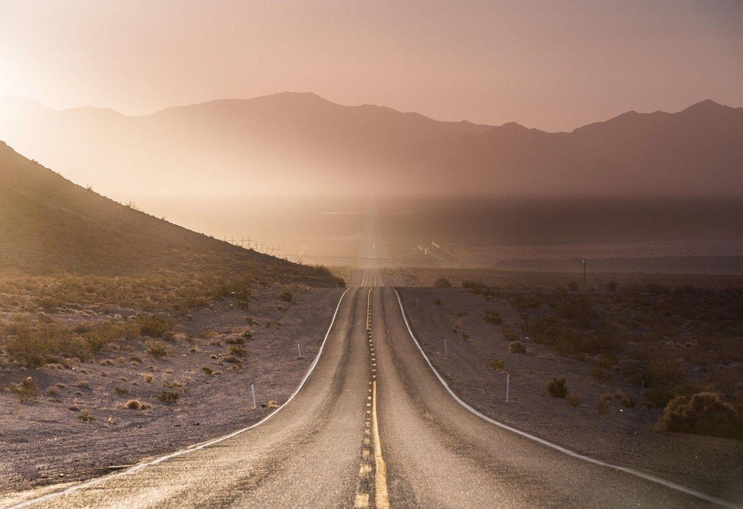 nature, Landscape, Wind, Dust, Mountains, Road, Sunset, Shrubs