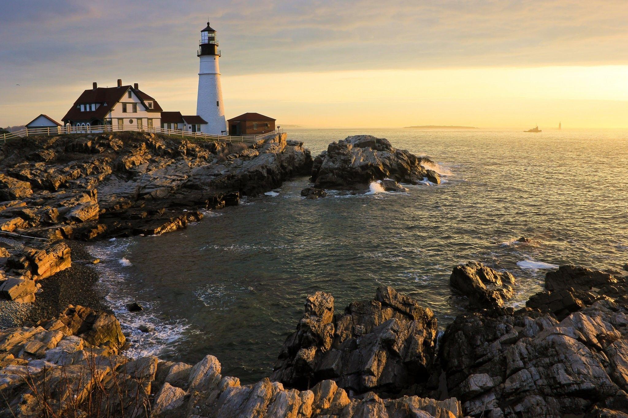 Sea Ocean Light Usa Lighthouses Portland Cape Elizabeth Coast Head