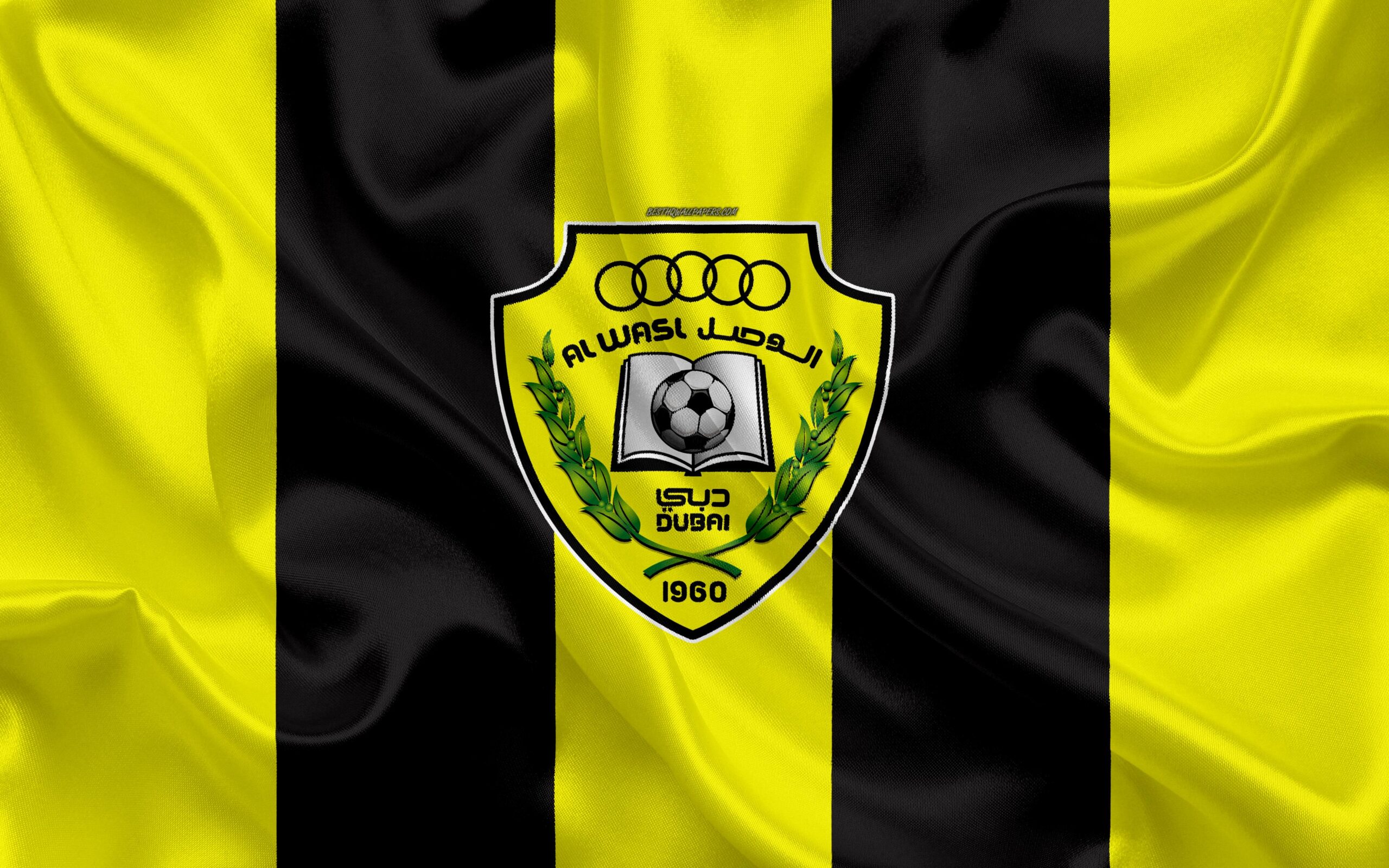 Download wallpapers Al Wasl FC, 4k, logo, yellow black silk flag