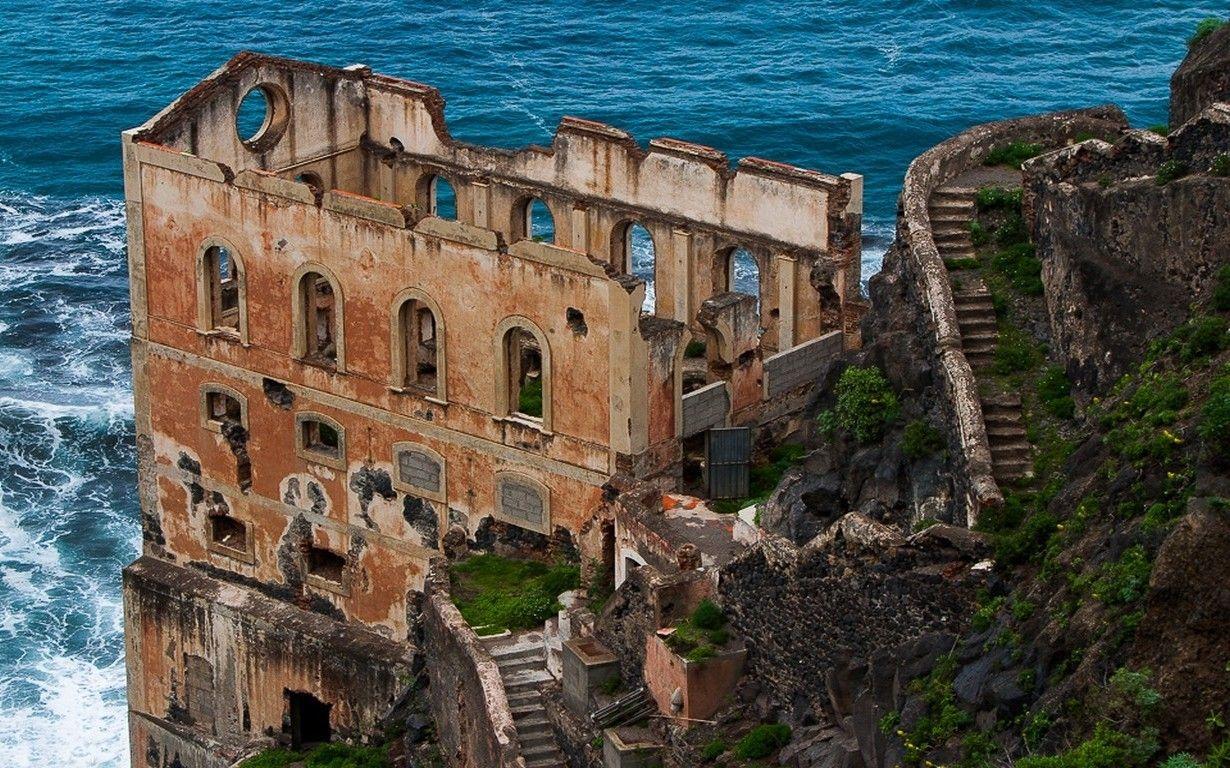 landscape nature sea coast old building abandoned shrubs stairs