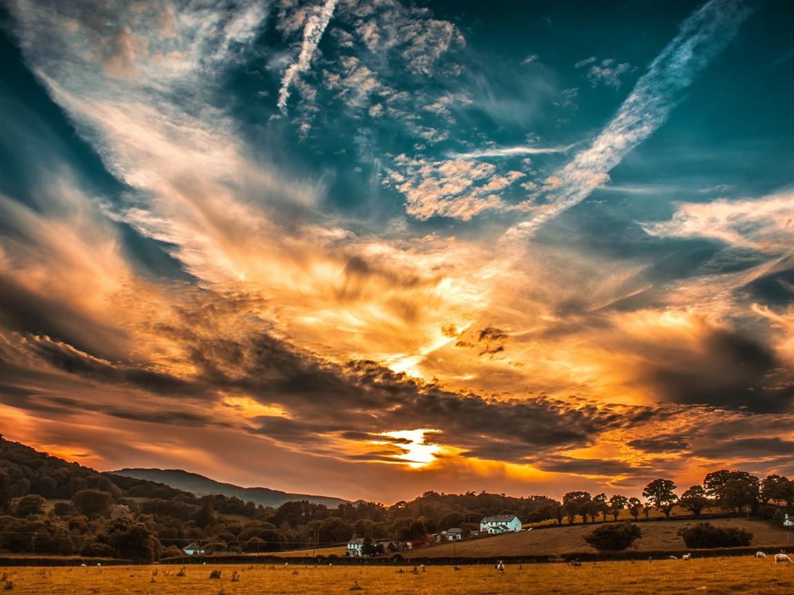 Download wallpapers sunset, sky, clouds, field, trees