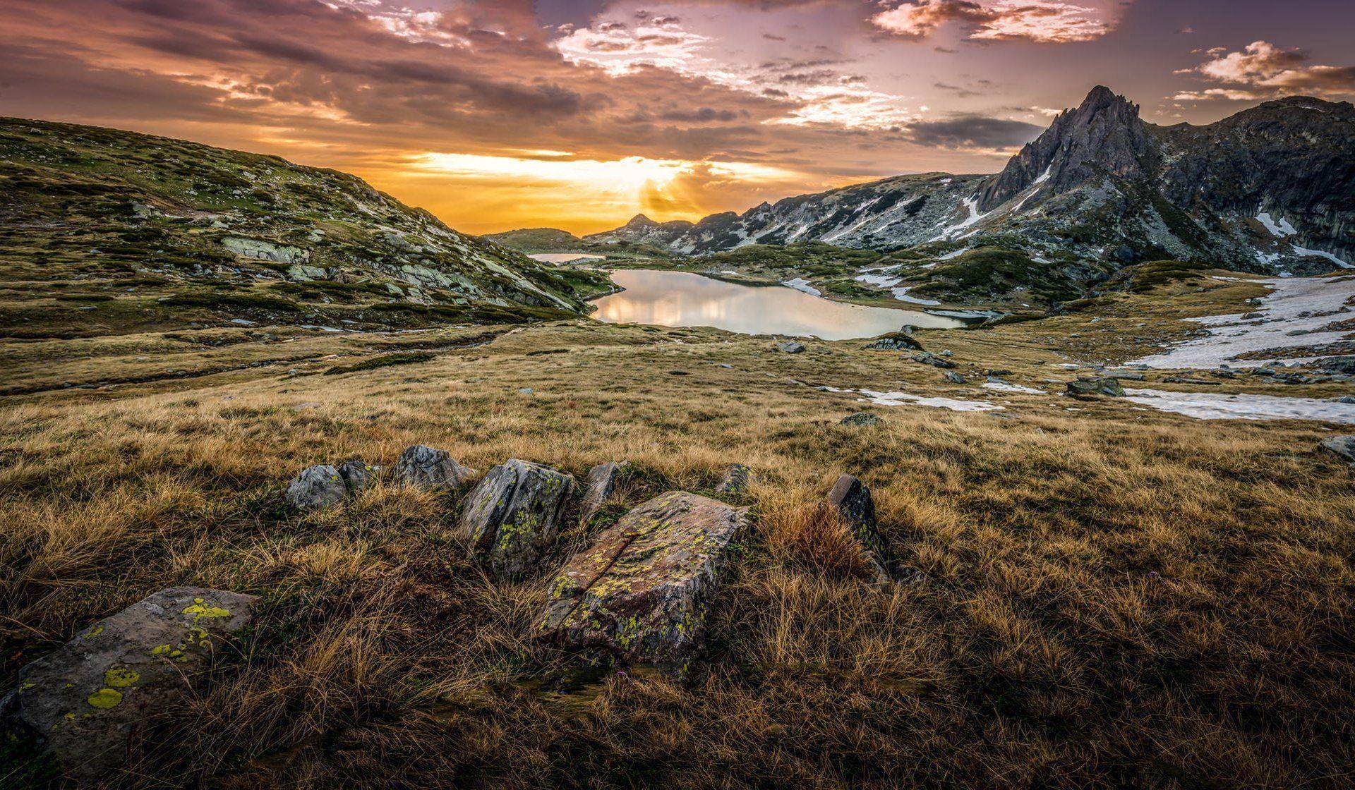 bulgaria mountain stones grass lake sunrise clouds HD wallpapers