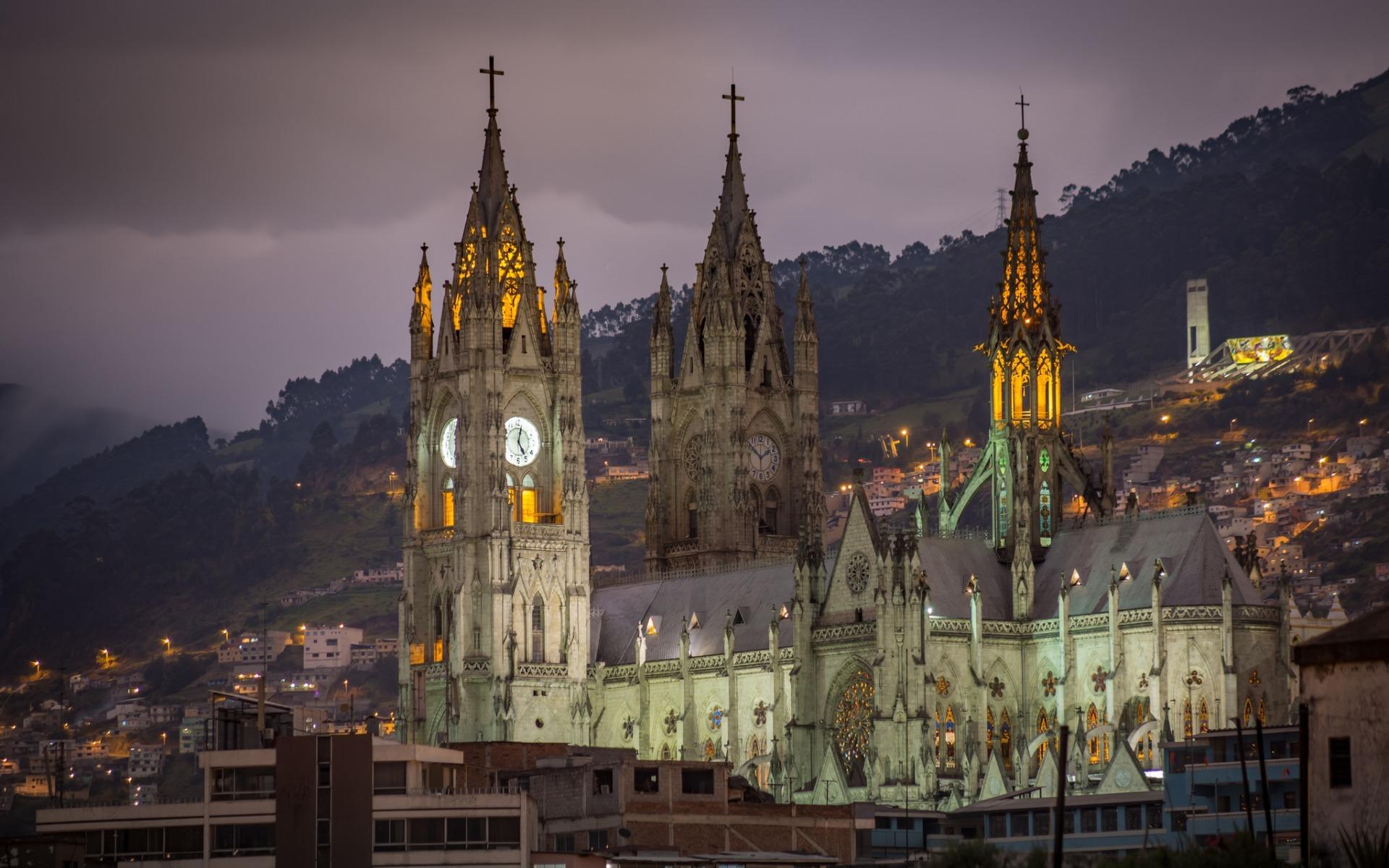 Download wallpapers Basilica Quito, Roman Catholic church, evening