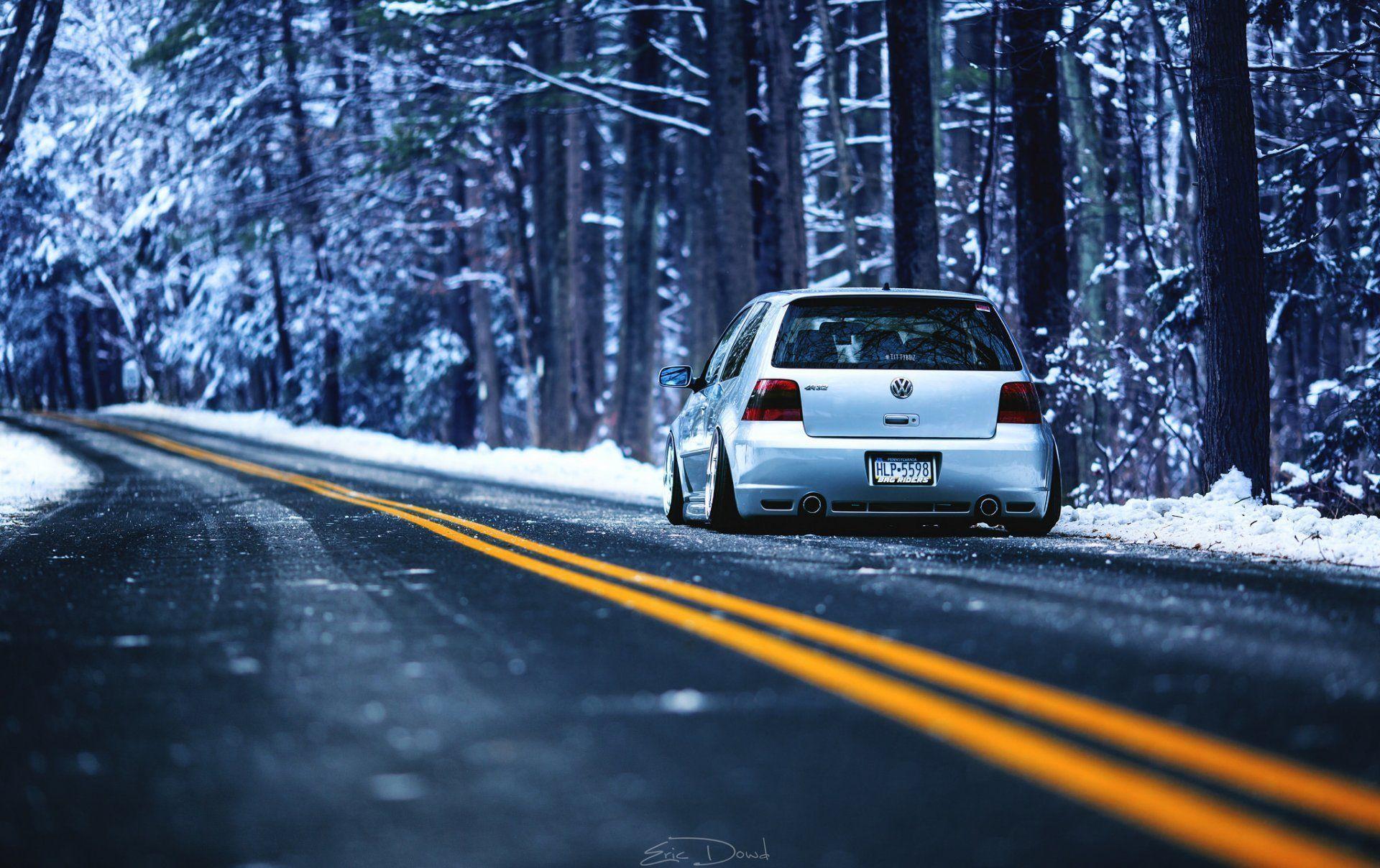 volkswagen r32 mk4 winter road counting forest HD wallpapers