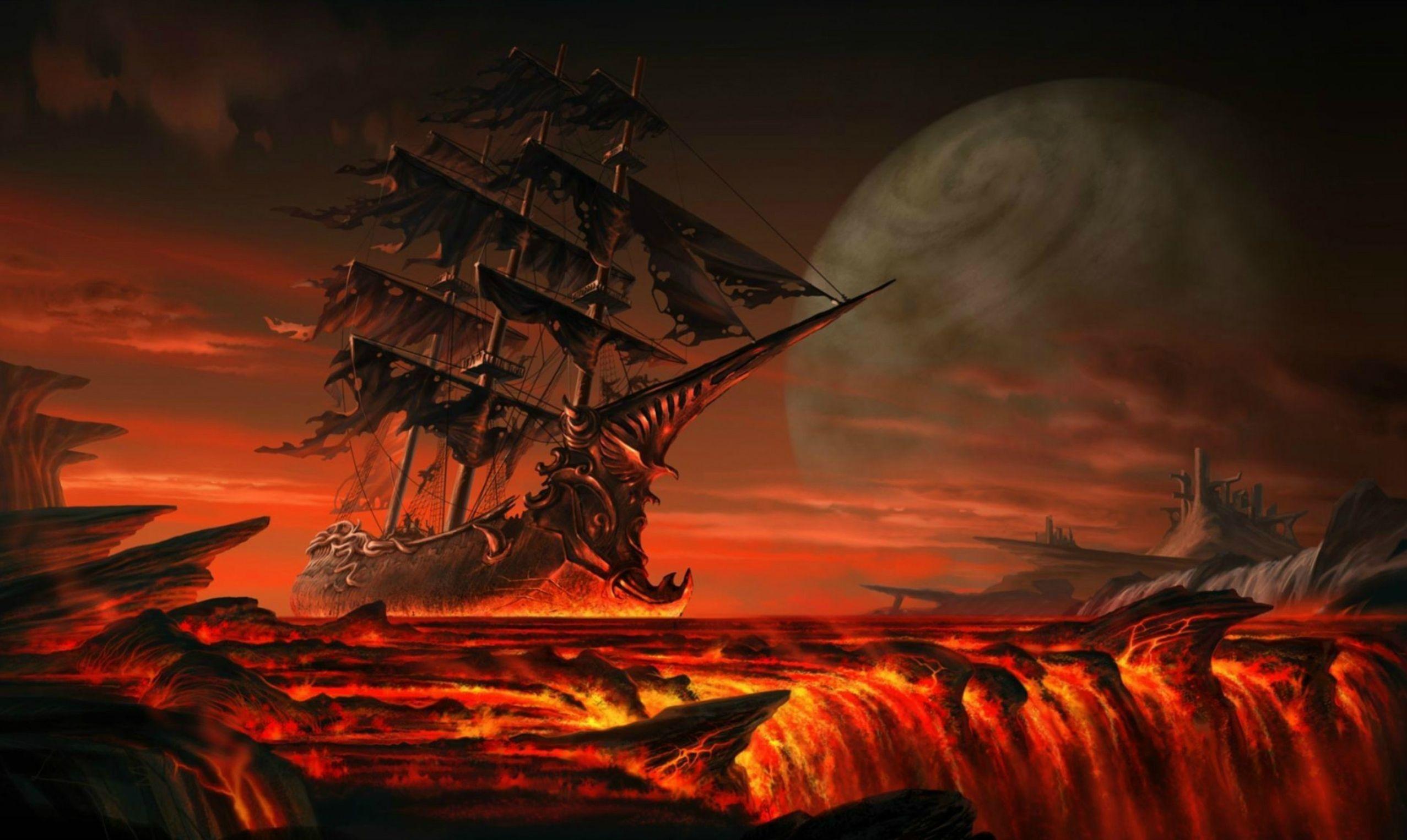 Ship sailing on lava : wallpapers