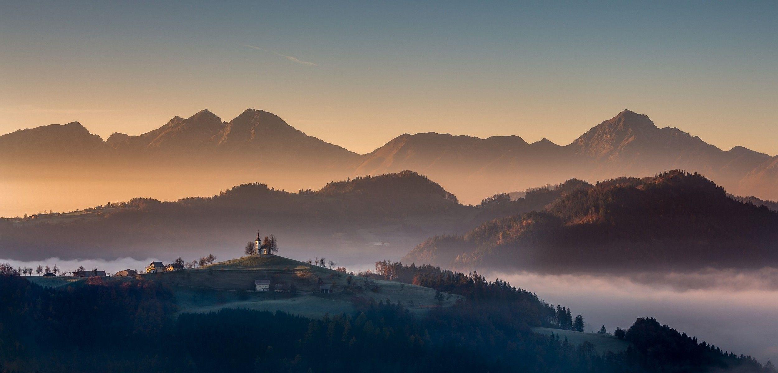 nature, Landscape, Sunrise, Mist, Mountain, Village, Forest, Fall