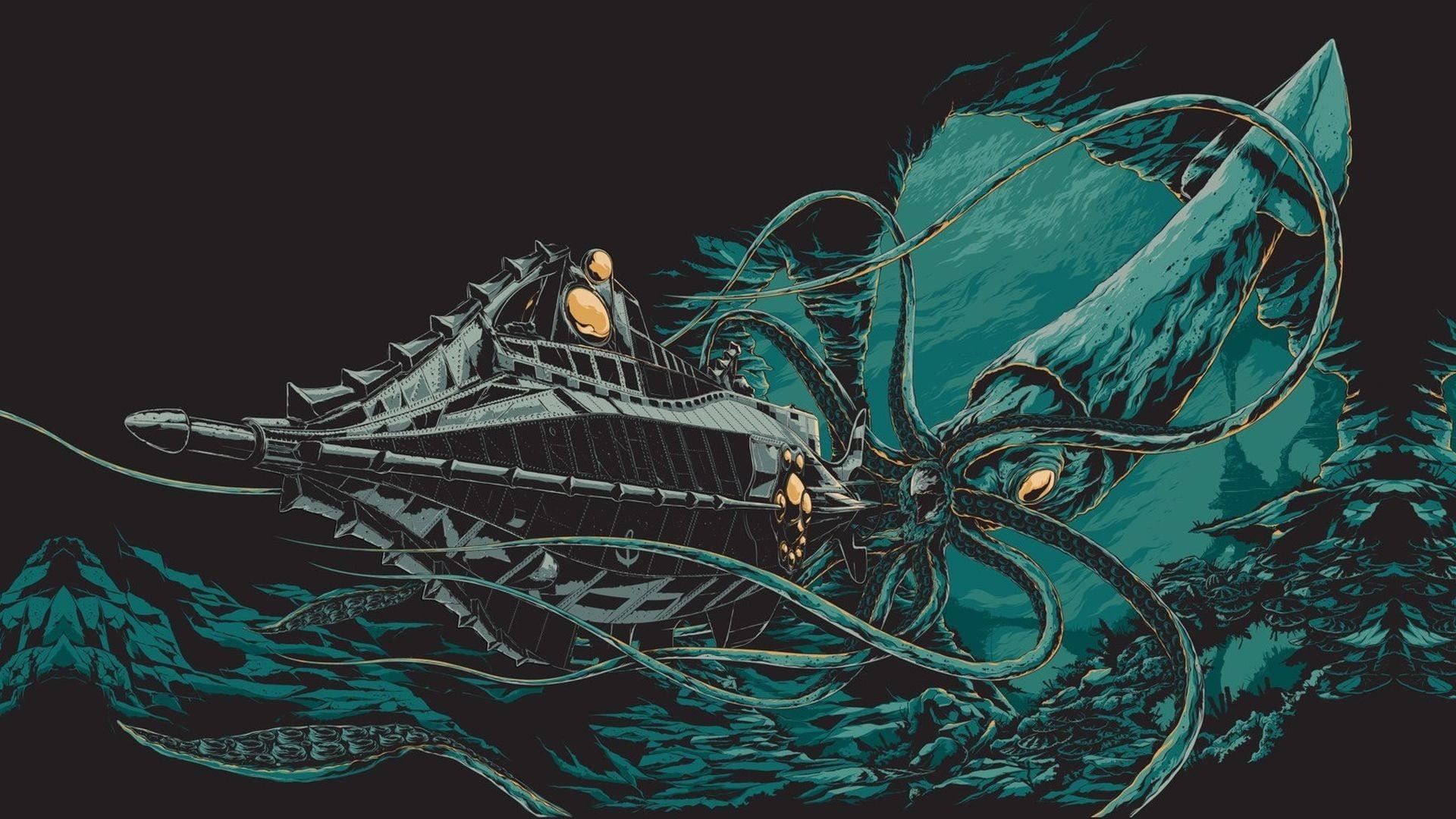 Blue giant squid wallpaper, digital art, illustration, 20000