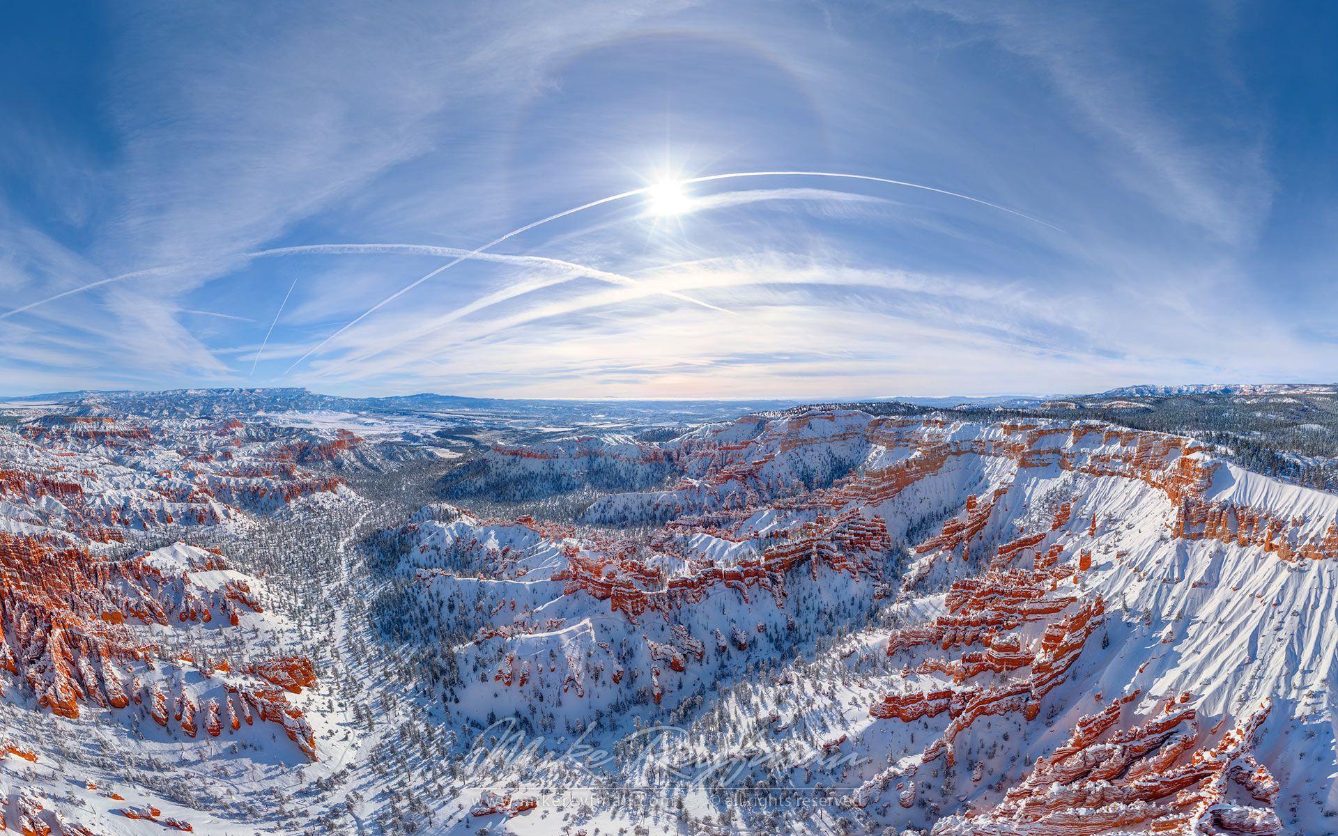 Sun Halo Over Bryce Canyon. Aerial panoramic view towards Sunset