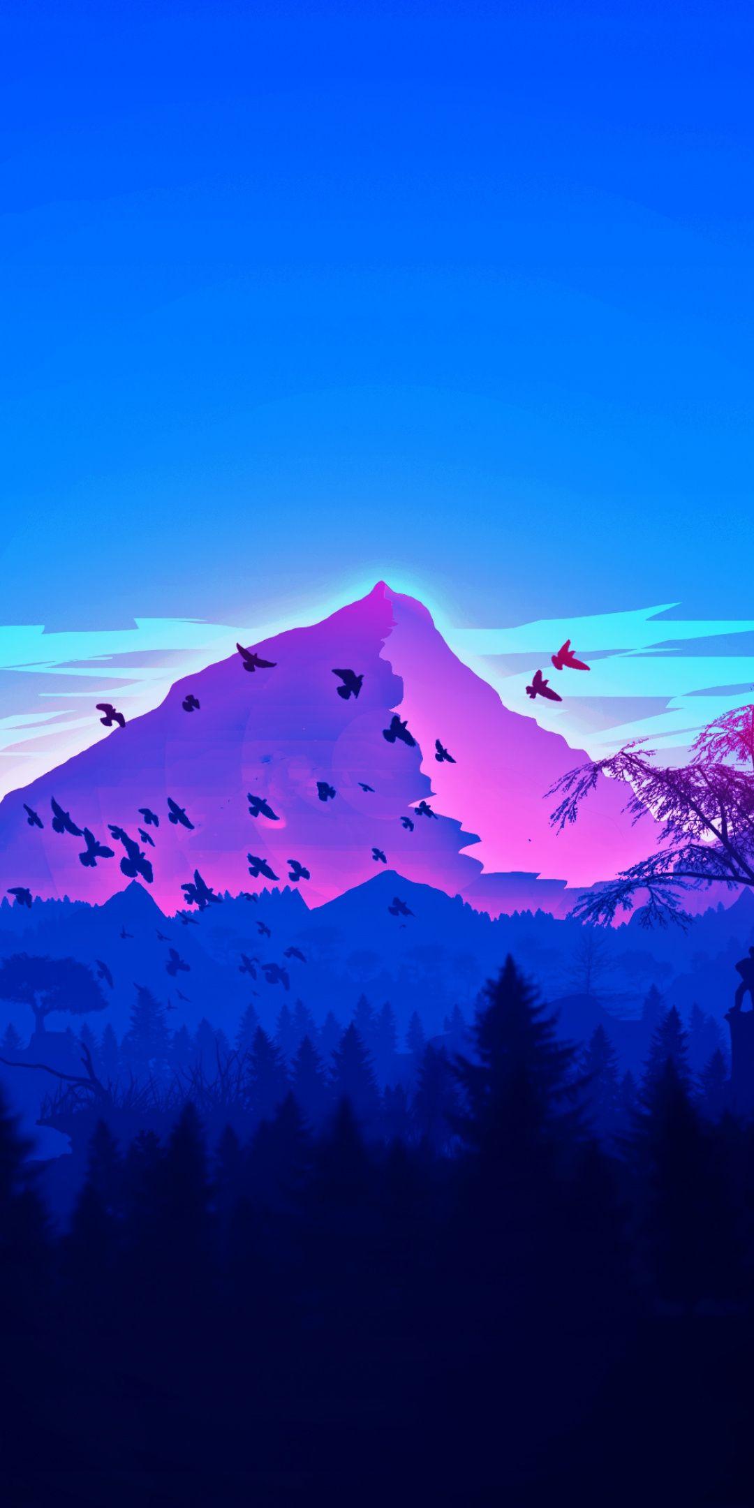 Mountain, peaks, birds, horizon, digital art, wallpapers