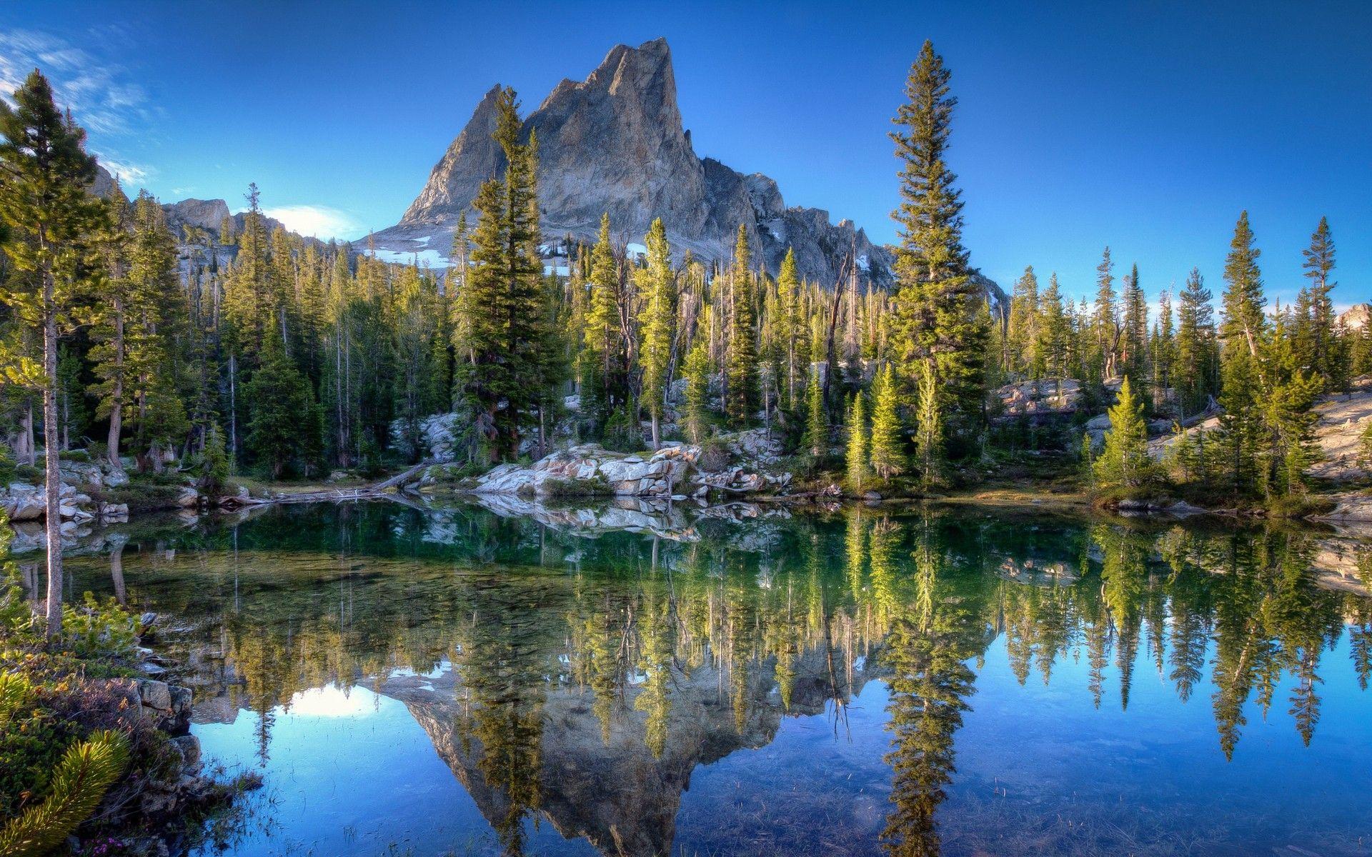 trees, Idaho, lake, mountain, landscape, reflection