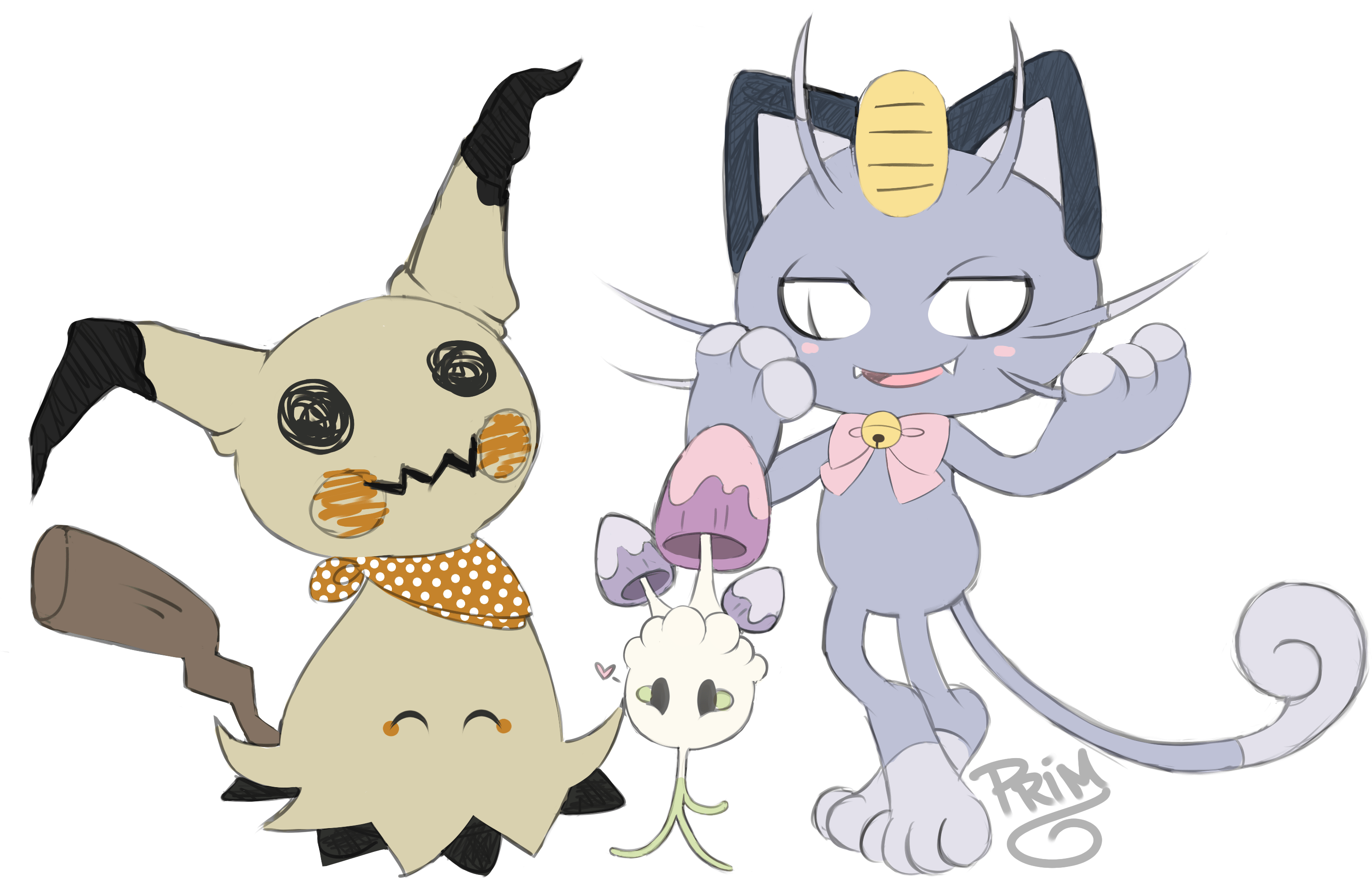 Mimmikyu, Morelull, and Alolan Meowth, Pokemon Sun and Moon fan art