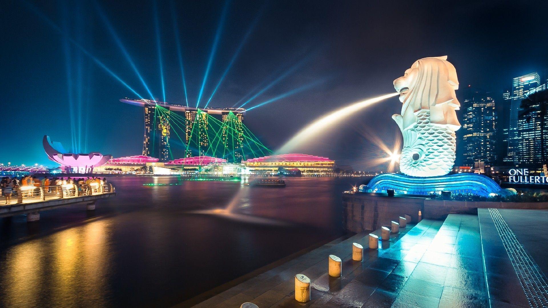 High Resolution Singapore Merlion at Night Wallpapers Full Size