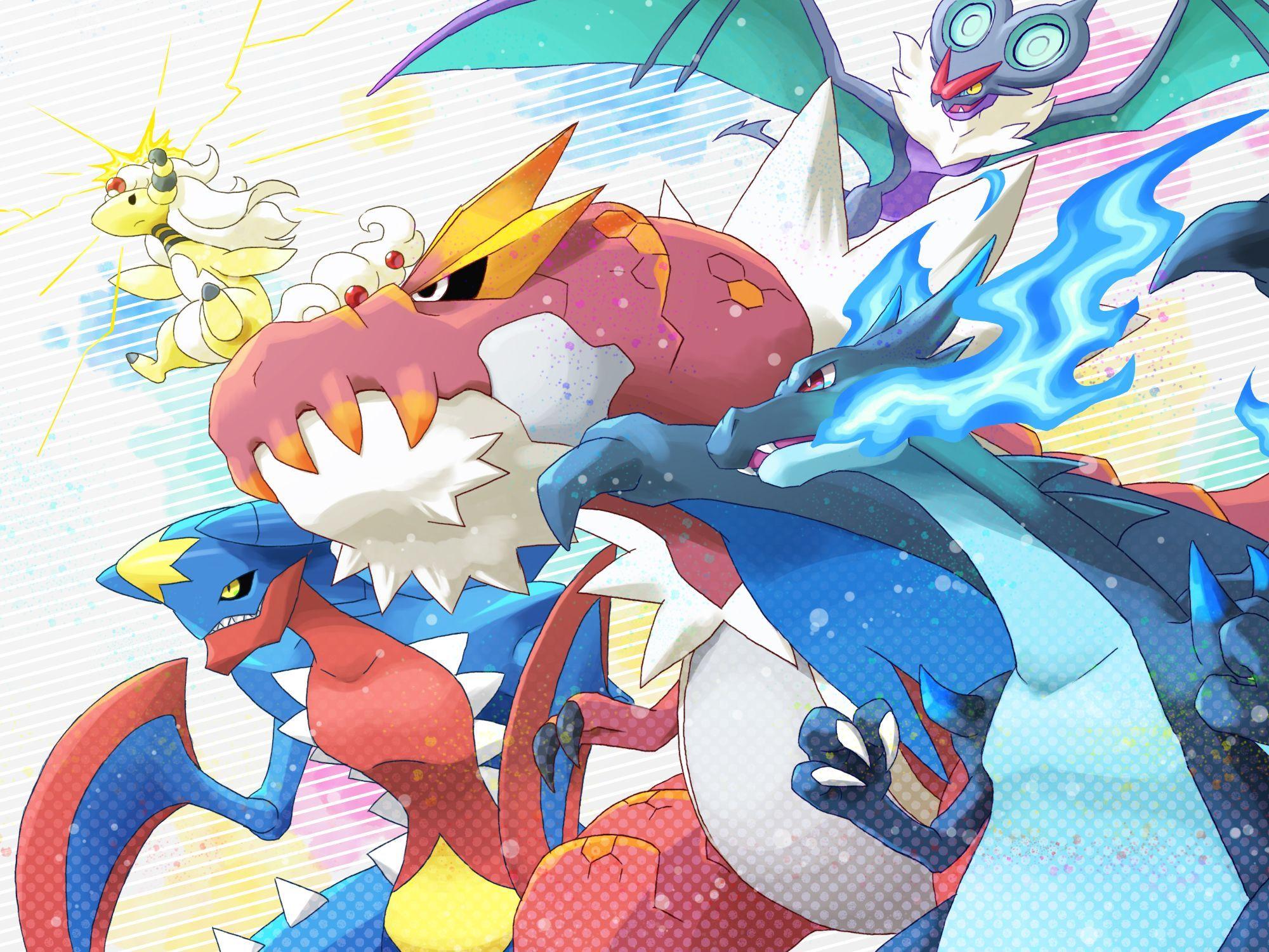 Tyrantrum, Noivern, mega Ampharos, mega Garchomp, and mega Charizard