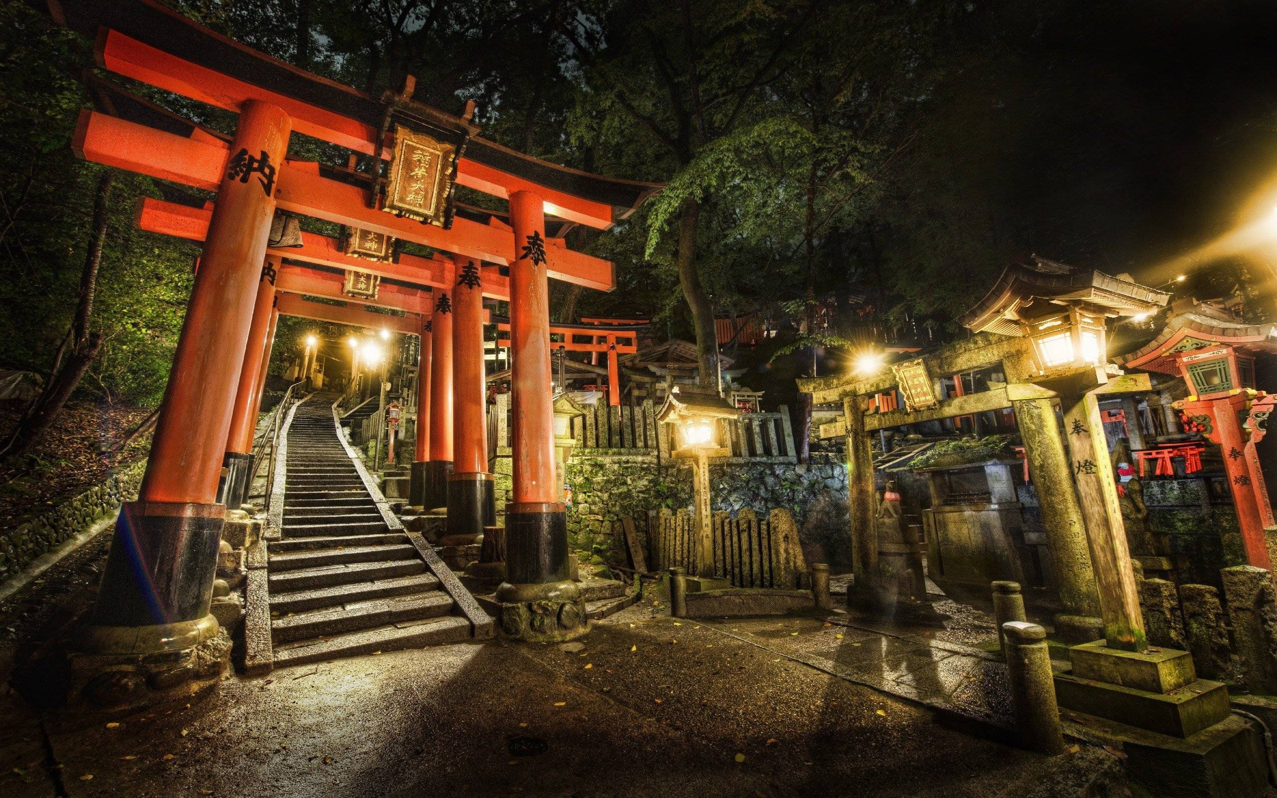 Japan night stairways shrine Kyoto torii cemetery torii gate