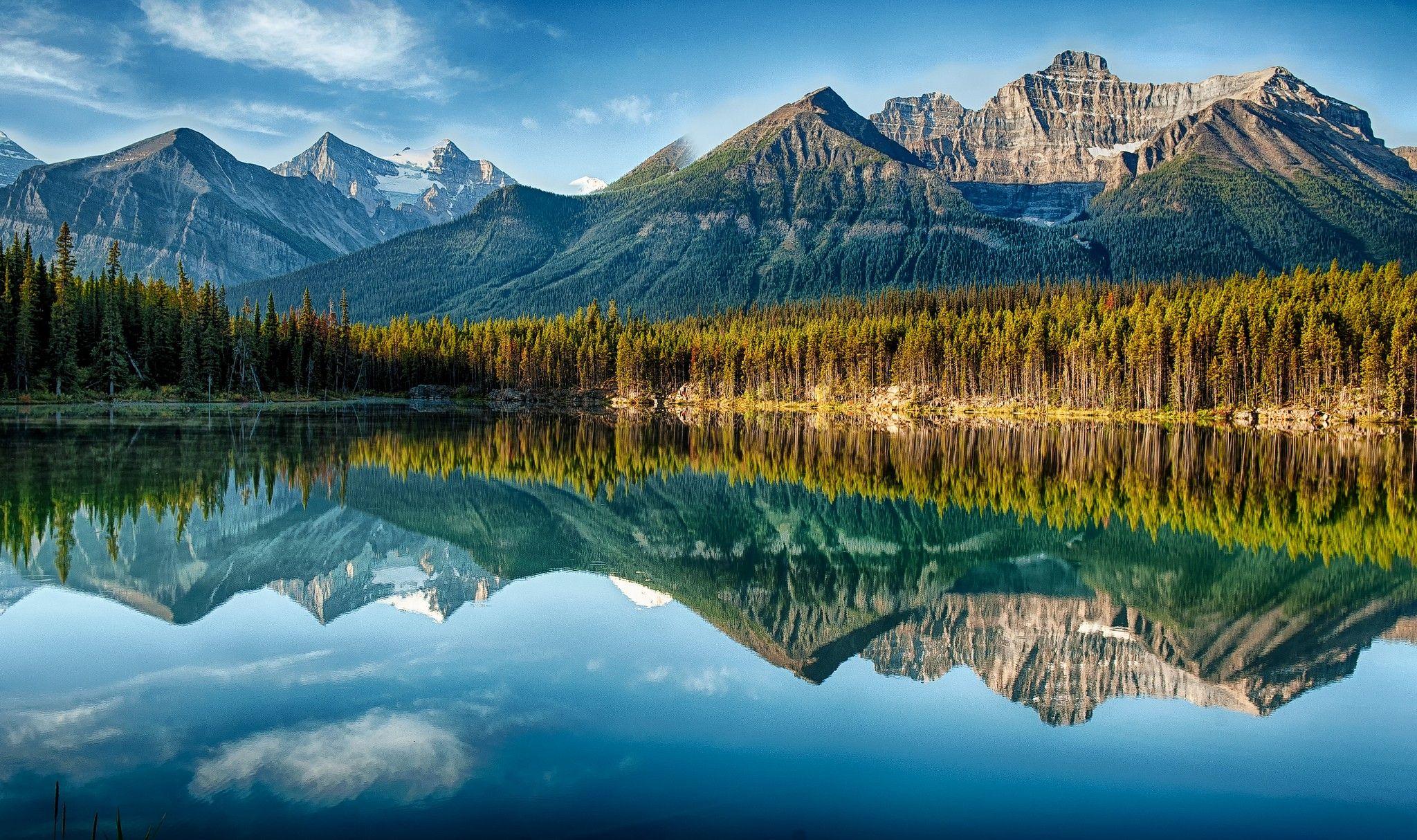 Lakes: Herbert Lake Reflection Beautiful Forest Banff National Park