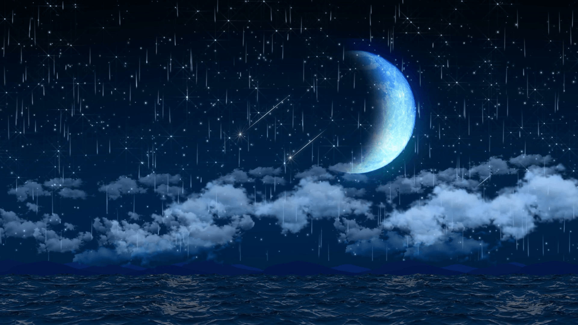 Seamless 3d animation of night sky with clouds and falling star