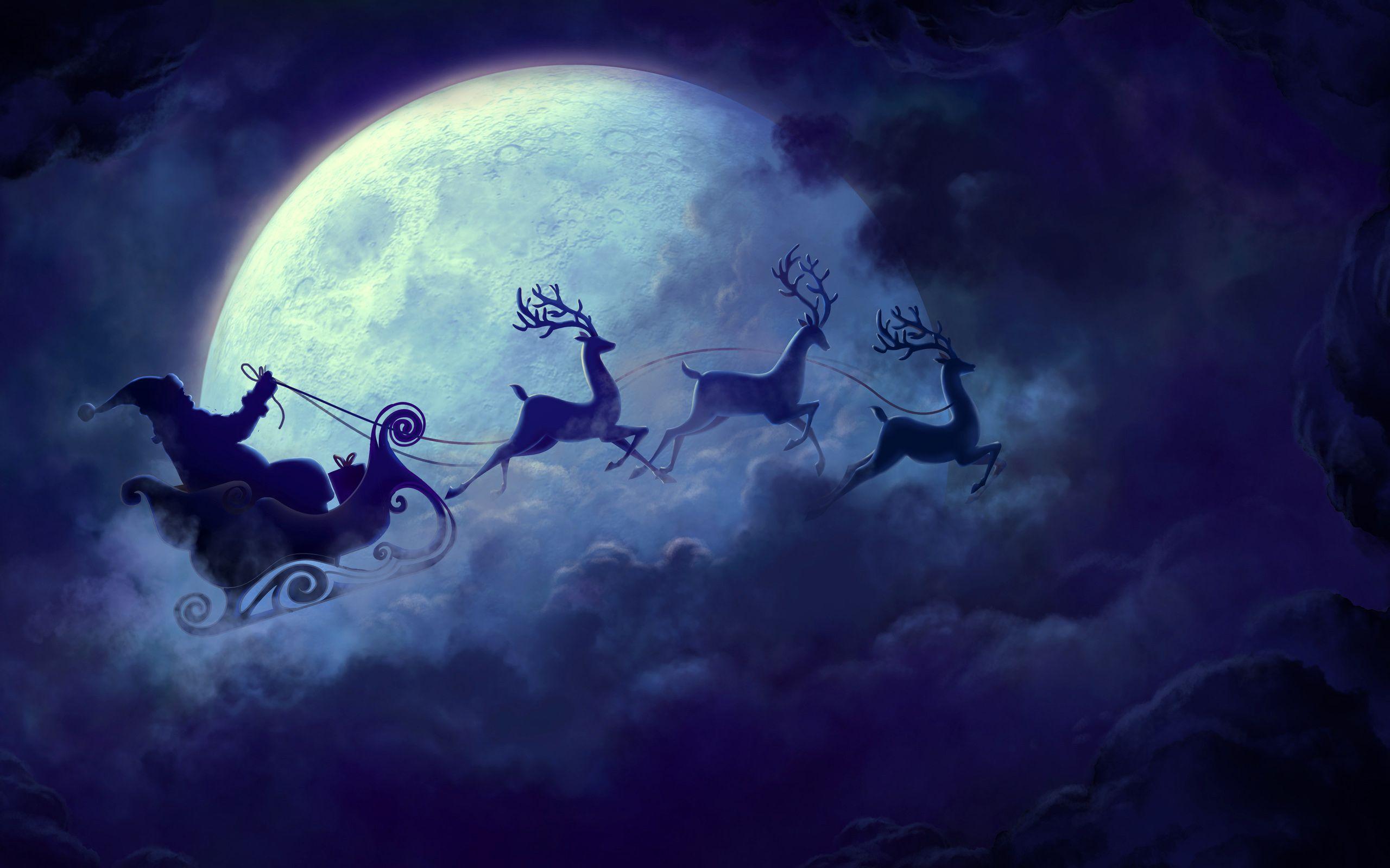 Wallpapers Santa Claus, Reindeer Chariot, Full moon, HD, Celebrations