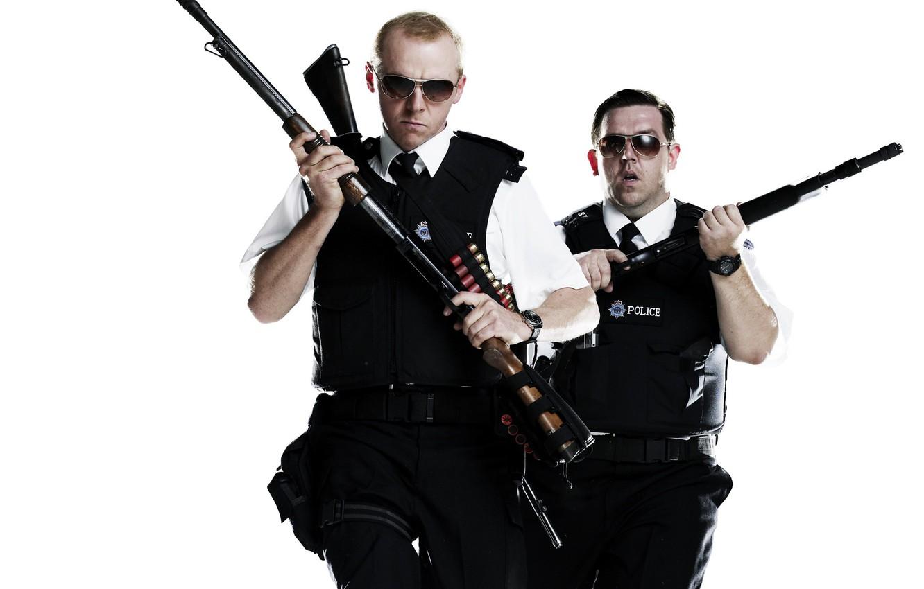 Wallpapers weapons, gun, glasses, police, Simon Pegg, Nick