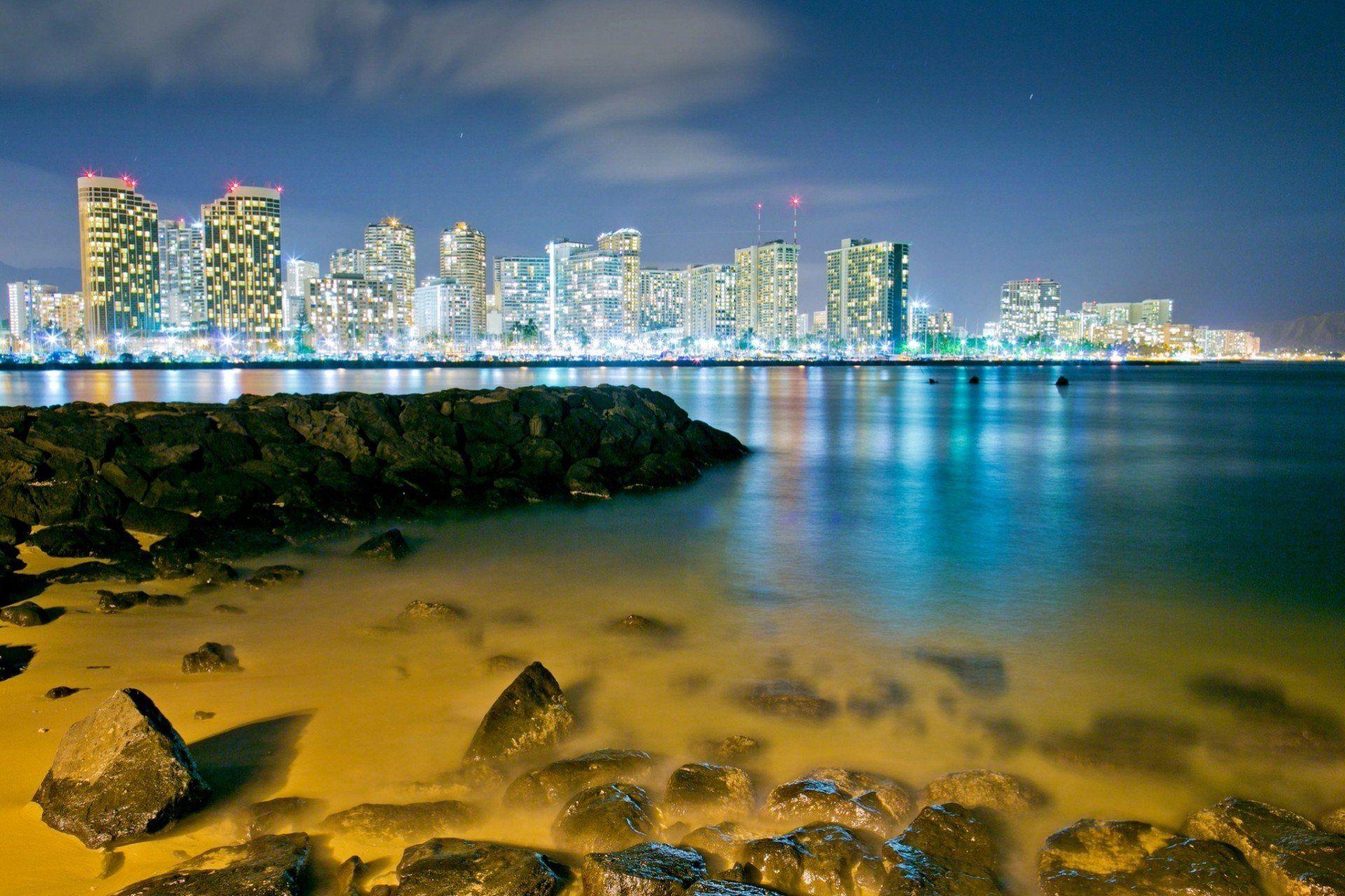 stones honolulu bay hawaii night city HD wallpapers