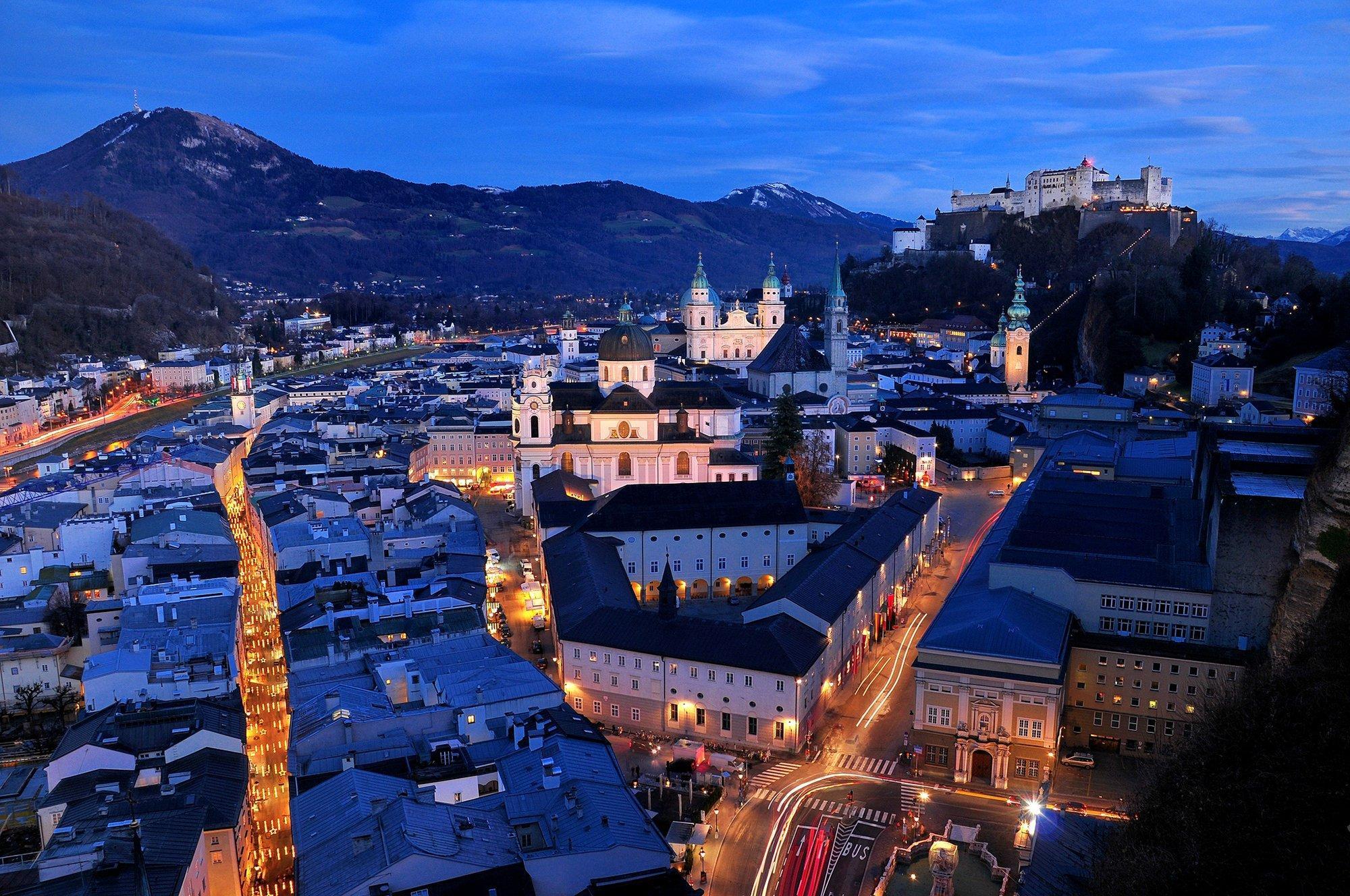 wallpapers salzburg, austria, night, top view, streets, buildings HD