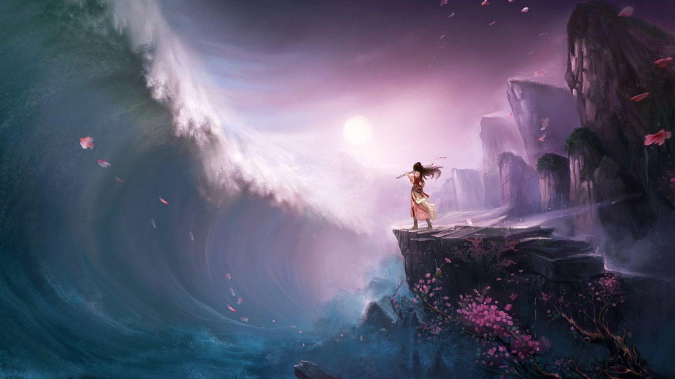 Tsunami, Wave, Girl, Rock, Art, Flute, Tree Wallpapers