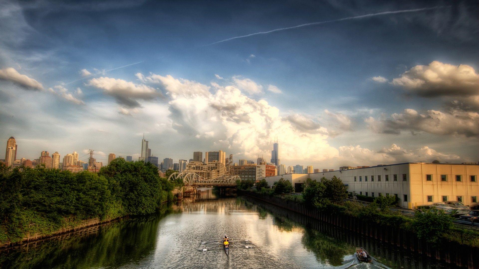 River: Rowing Chicago River City Bridge Illinois Full Hd Wallpapers