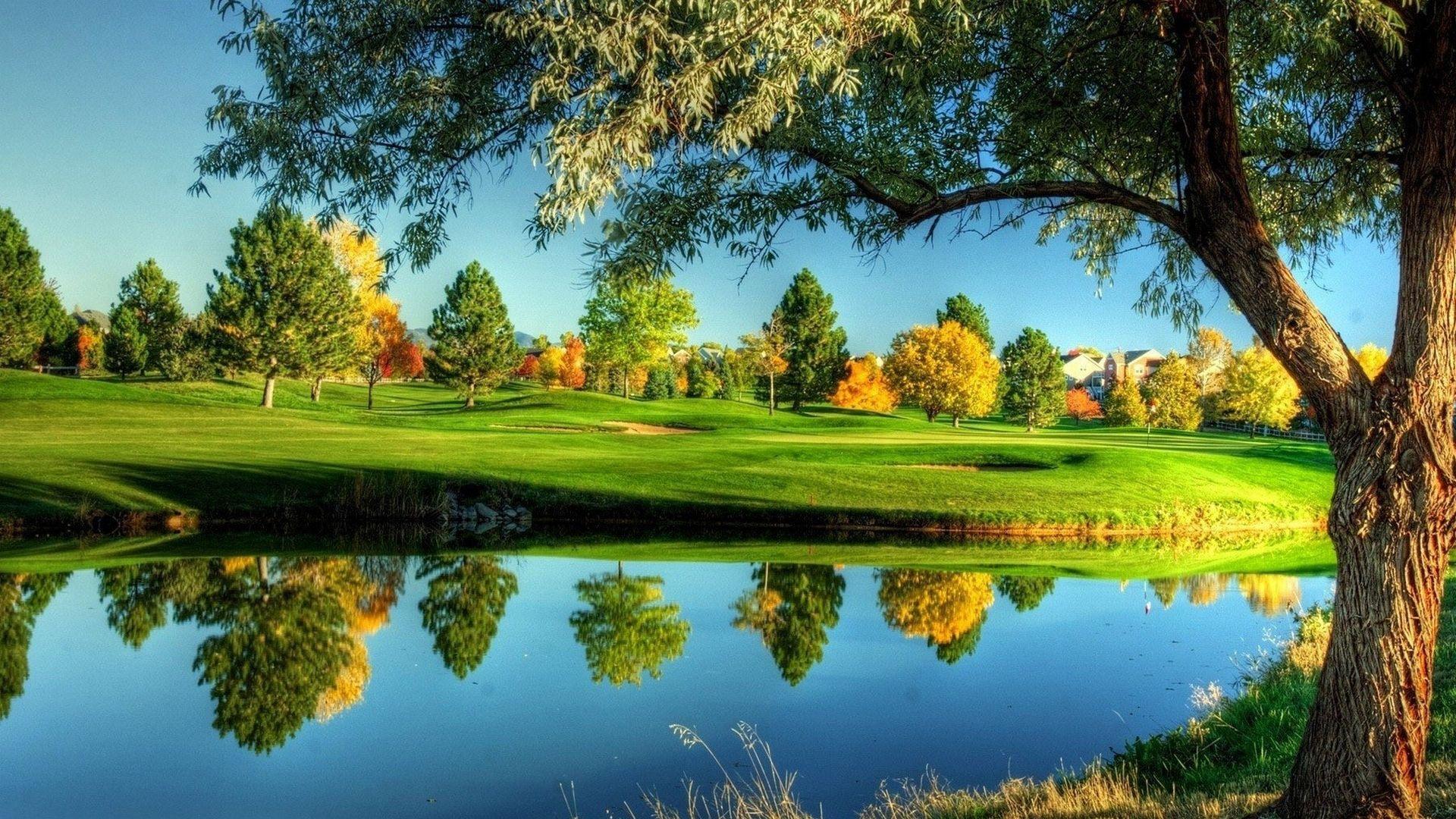 tranquility, fall, meadows, river, grass, golf course, reflection