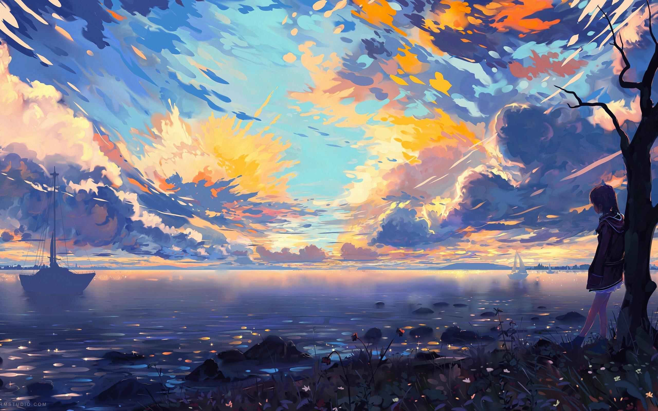 Download Anime Landscape, Sea, Ships, Colorful, Clouds