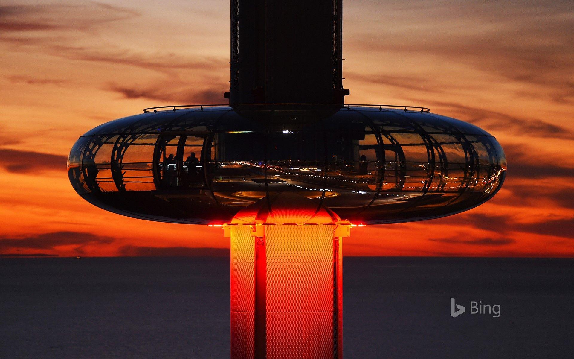 The British Airways i360 tower at dusk on the seafront of Brighton