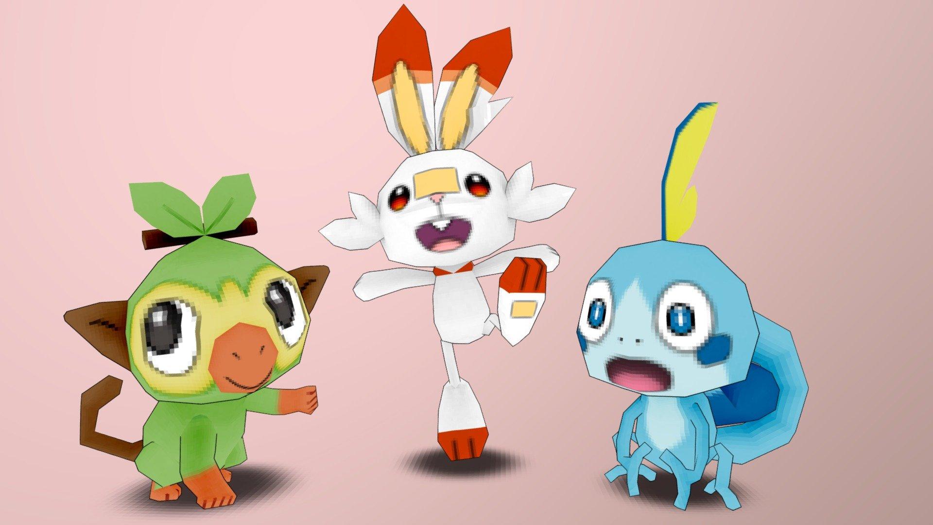 Low poly Grookey, Scorbunny, and Sobble