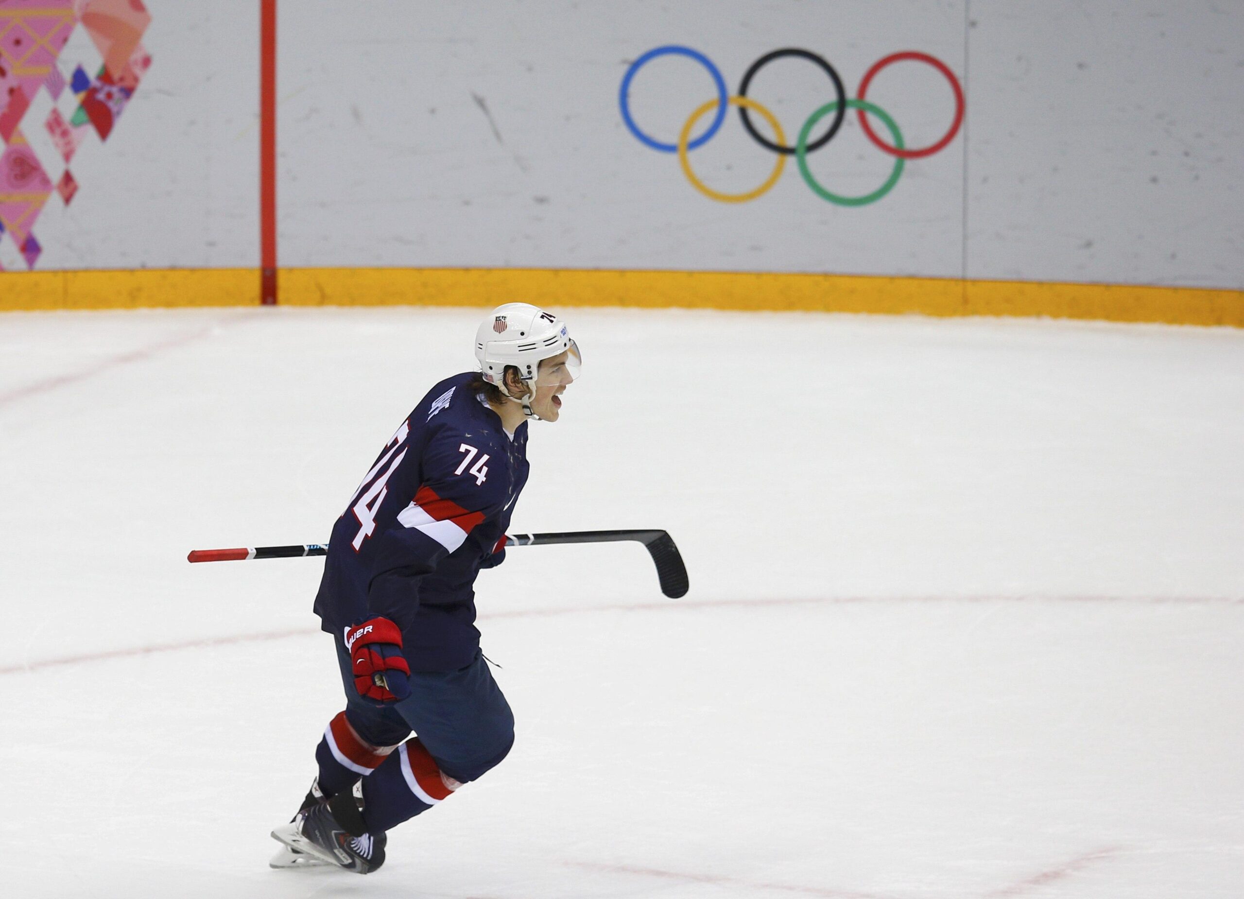 Team USA’s T.J. Oshie celebrates after scoring the winning goal