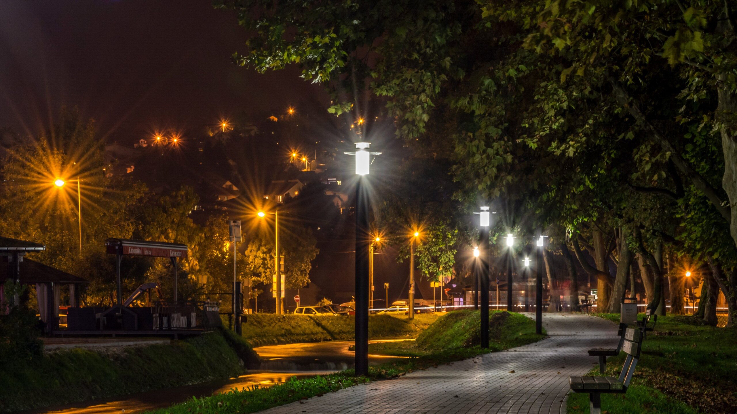 nature, bench,croatia, landscape wallpapers, pavement, lights, hd