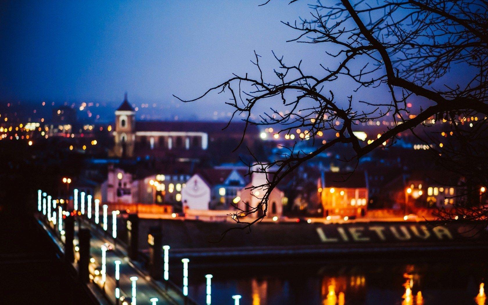 bridge, city night, kaunas, lietuva, lights, lithuania