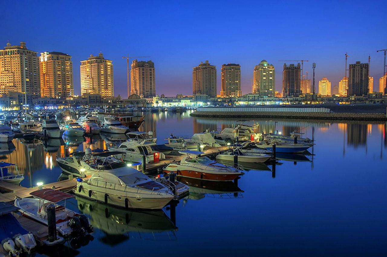 Photos Doha Qatar Pier Yacht Motorboat night time Cities Building