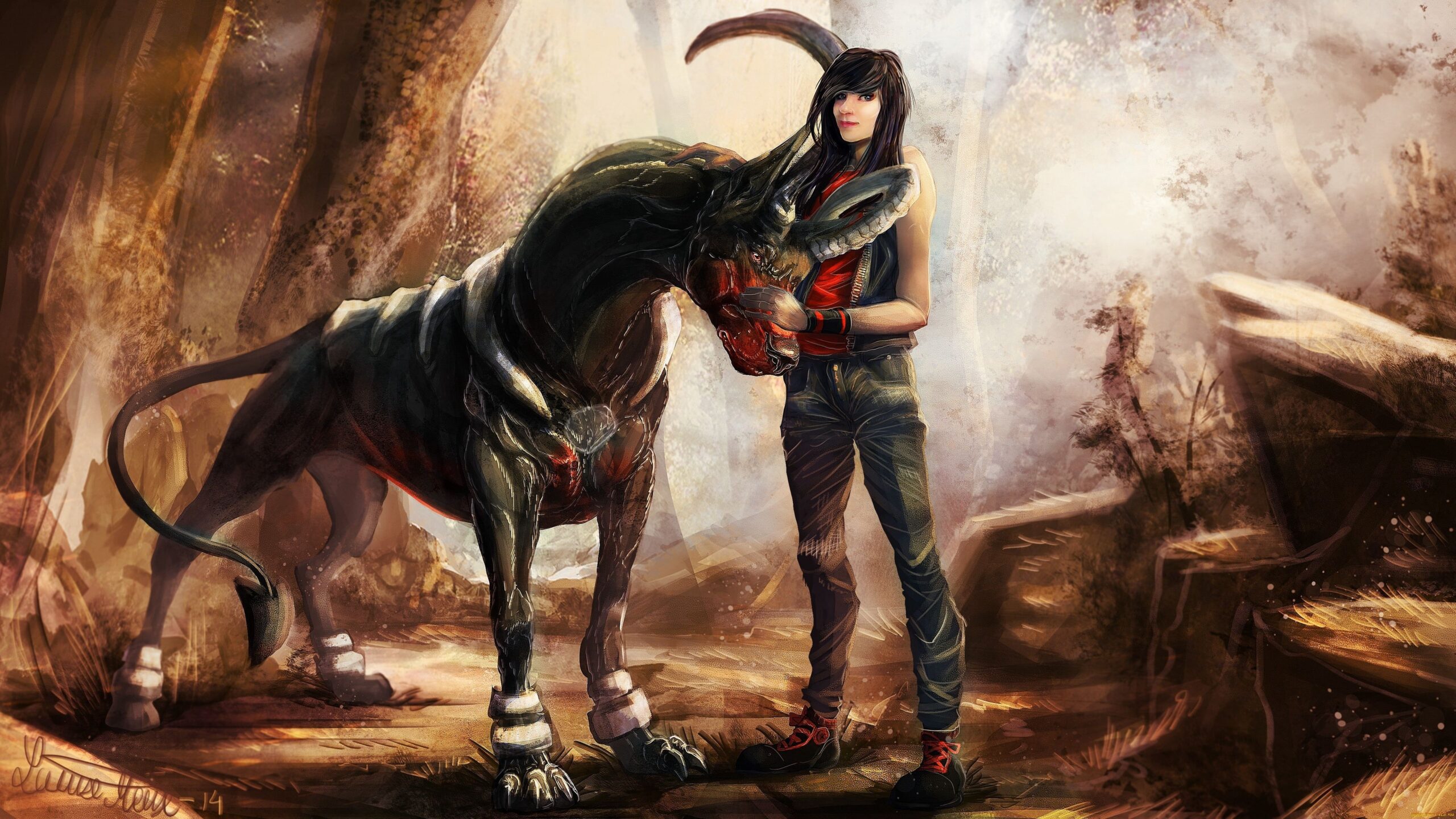 Download Wallpapers Creature dog, Houndoom, Pokemon, Girl